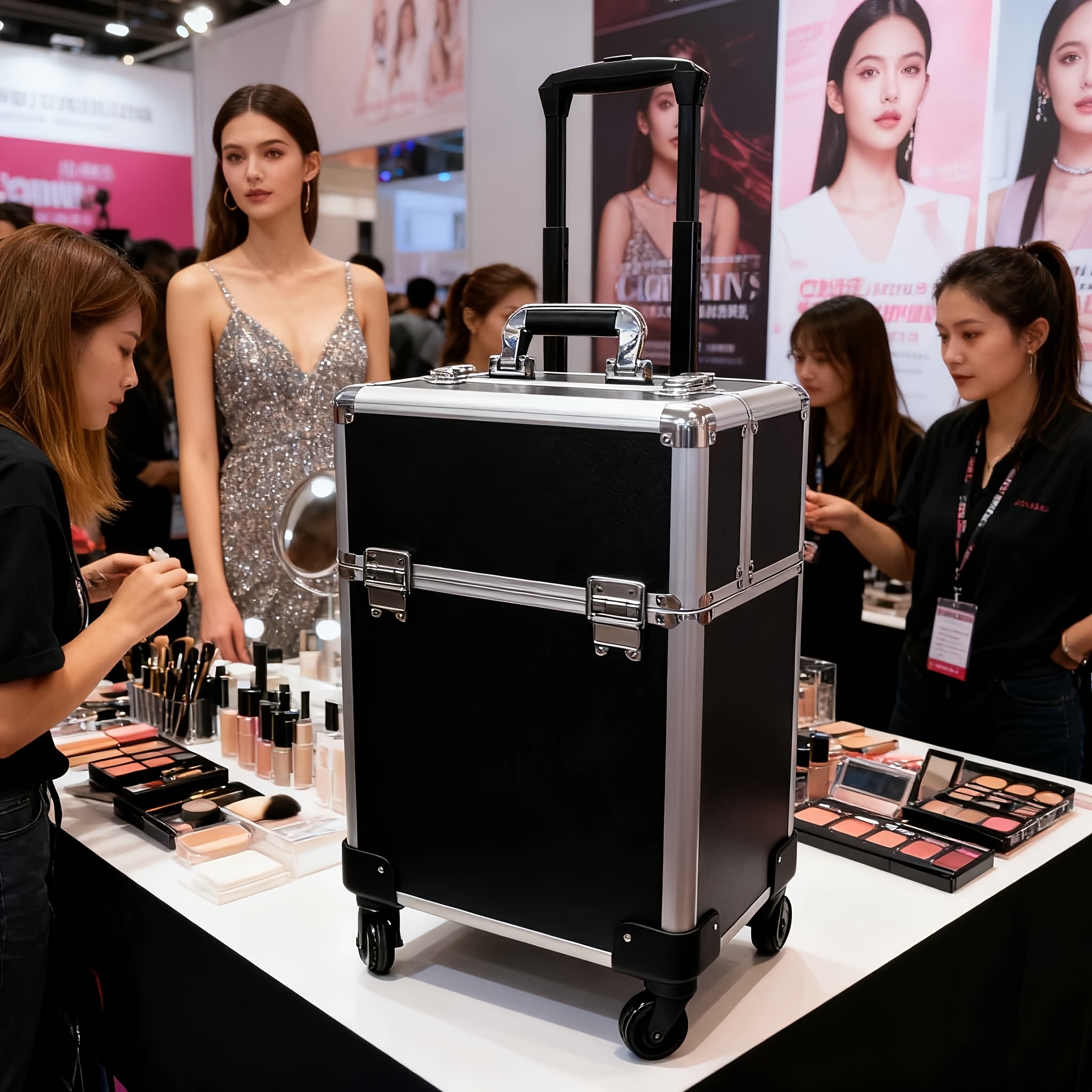 Professionele Grote Vergrendelbare Make-up Trolley met 360° Draaibare Wielen & Roze/Zwart Design - Zware Beauty Case op 4 Wielen, Compacte Mobiele Kar voor Kappers, Make-up Artiesten, Salon & Reizen, Duurzame Organizer met Slot