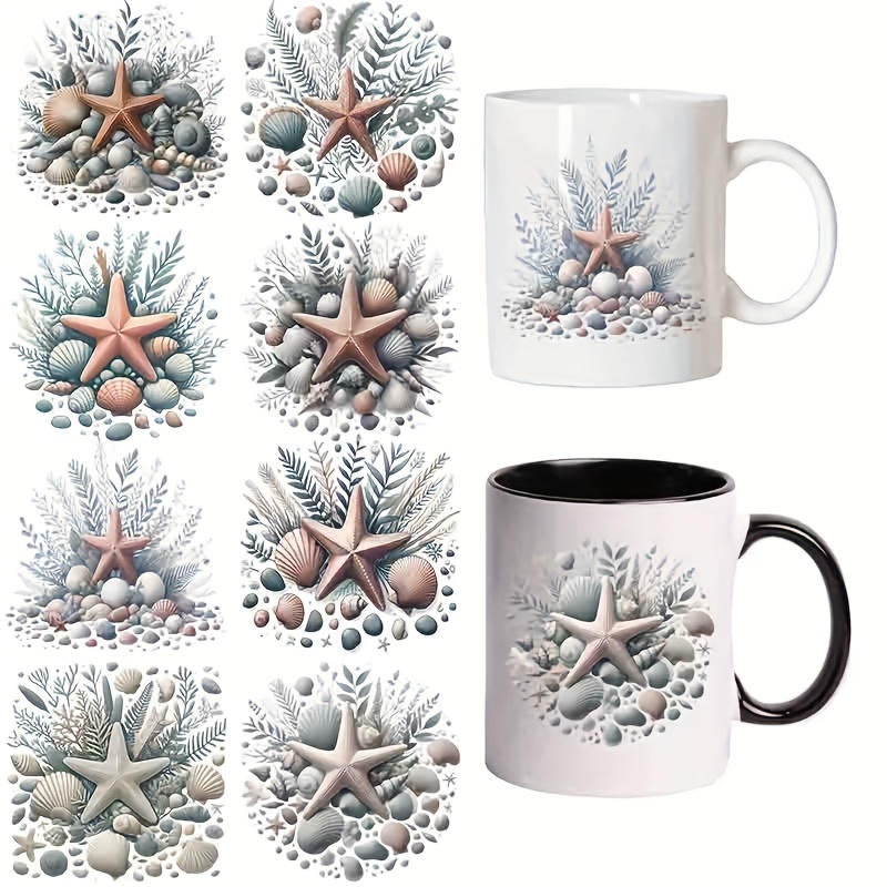 TEMU A Set Of 8 Starfish Seaweed Series Design Thermal Transfer Stickers, Cartoon Patterns, Uv Dtf Stickers, High Quality And Scratch-resistant