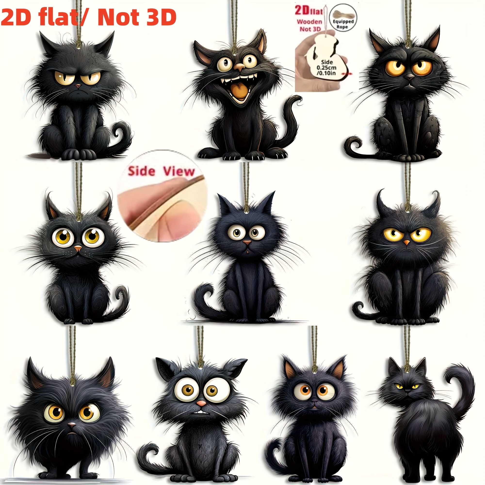 Image of 2d Flat, 10pcs Set, Artificial Recycled Wood, Black Cat Patterns, Handmade Christmas Wooden Hanging Ornaments - Gift, Halloween Gift, Christmas Gift, With Hemp Rope, 2d Flat