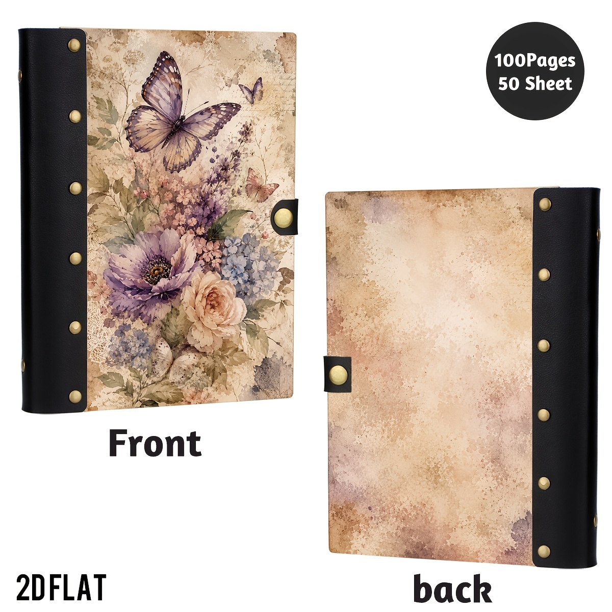 TEMU 1pc Purple Peony Wooden Hardcover Notebook, Floral Journal, Writing And Personal Use. Features Leather Rivet And A Wooden Hardcover Design. 100