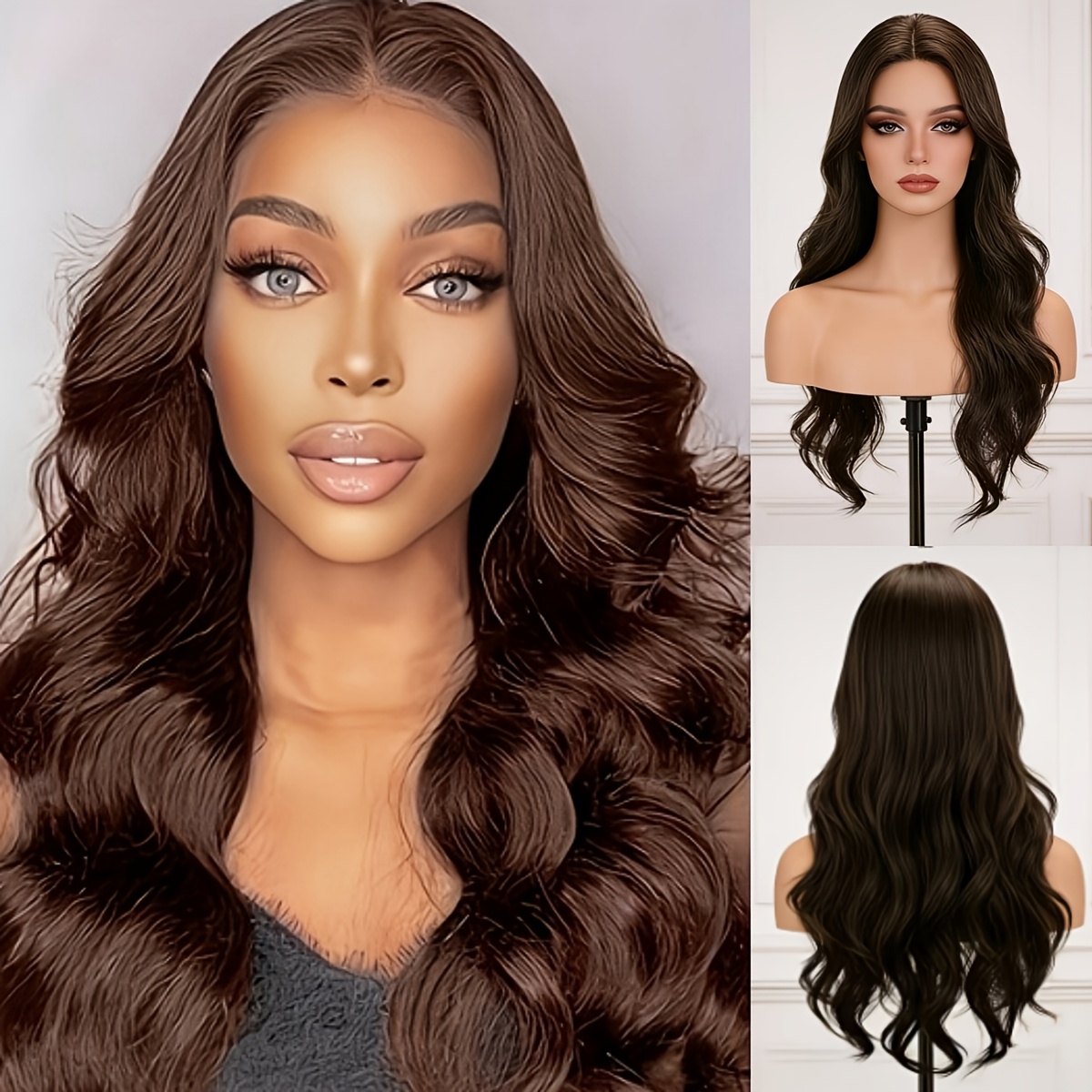 TEMU Peluca de 26 pulgadas para mujer, color marrón , adecuada para fiestas, festivales de y uso diario - Cabello sintético ondulado, voluminoso con