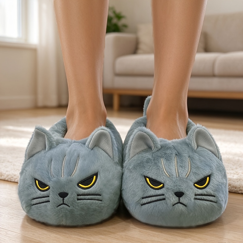 TEMU Adorables pantoufles d'intérieur avec des chats aux yeux jaunes brodés, chaussures pour femmes
