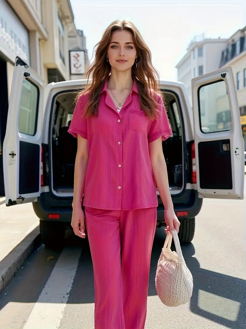womens home clothes fashion splicing lace short sleeve pajamas home clothes wearing outerwear pajama set casual and comfortable two piece set Product details 3