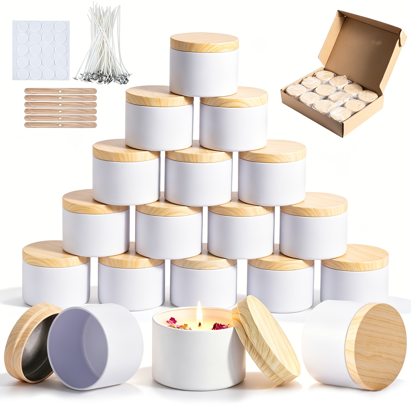 12pcs 8oz Matte White Candle Tins - Bulk Empty Candle Jars with Wood Grain Lids, Candle Making Kit for Adults