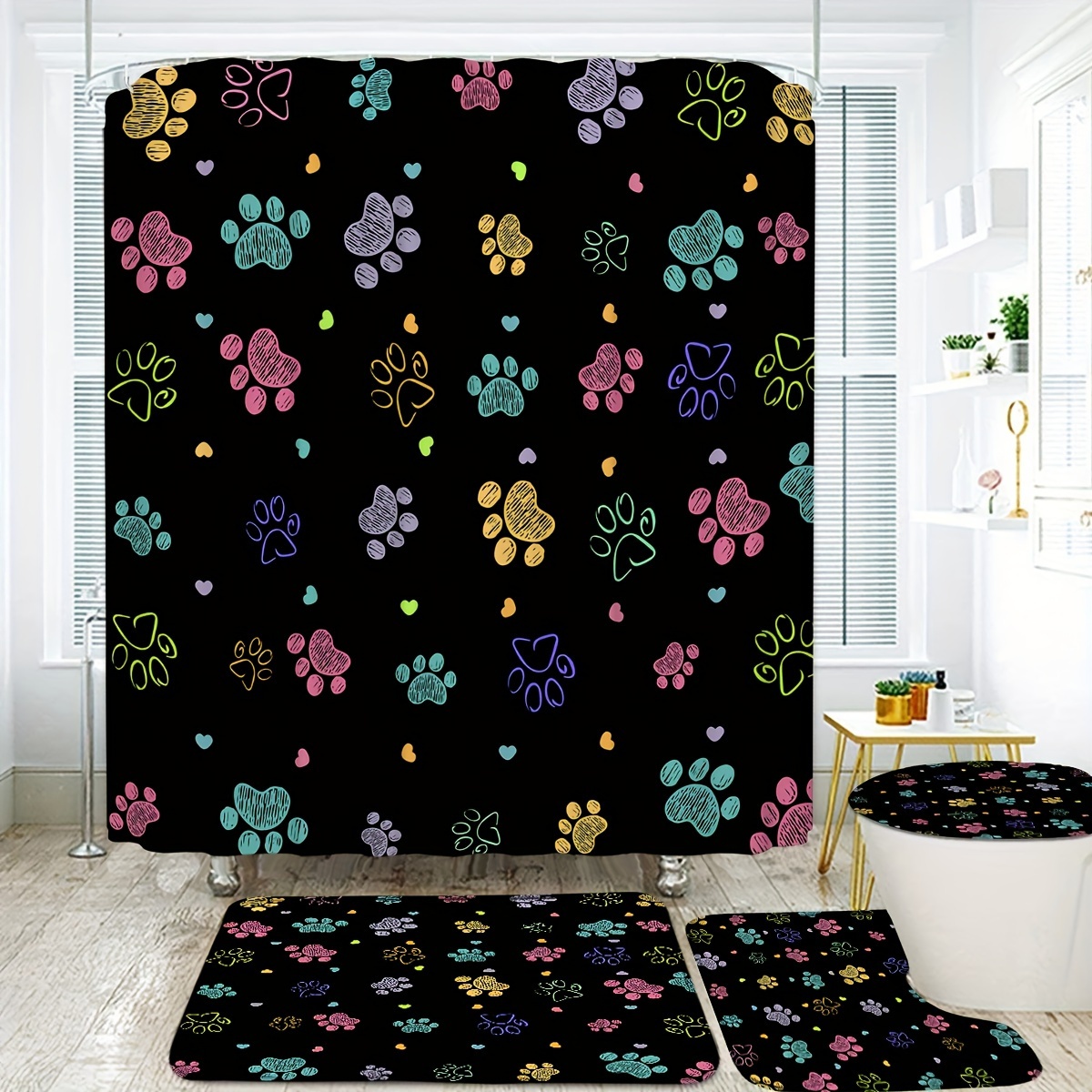 

1/4pcs Colorful Paw Pattern Shower Curtain Set With Hooks, Waterproof Shower Curtain, Toilet Cover Mat, Non-slip Bathroom Rug, U-shaped Bath Mat, Bathroom Decor Accessories