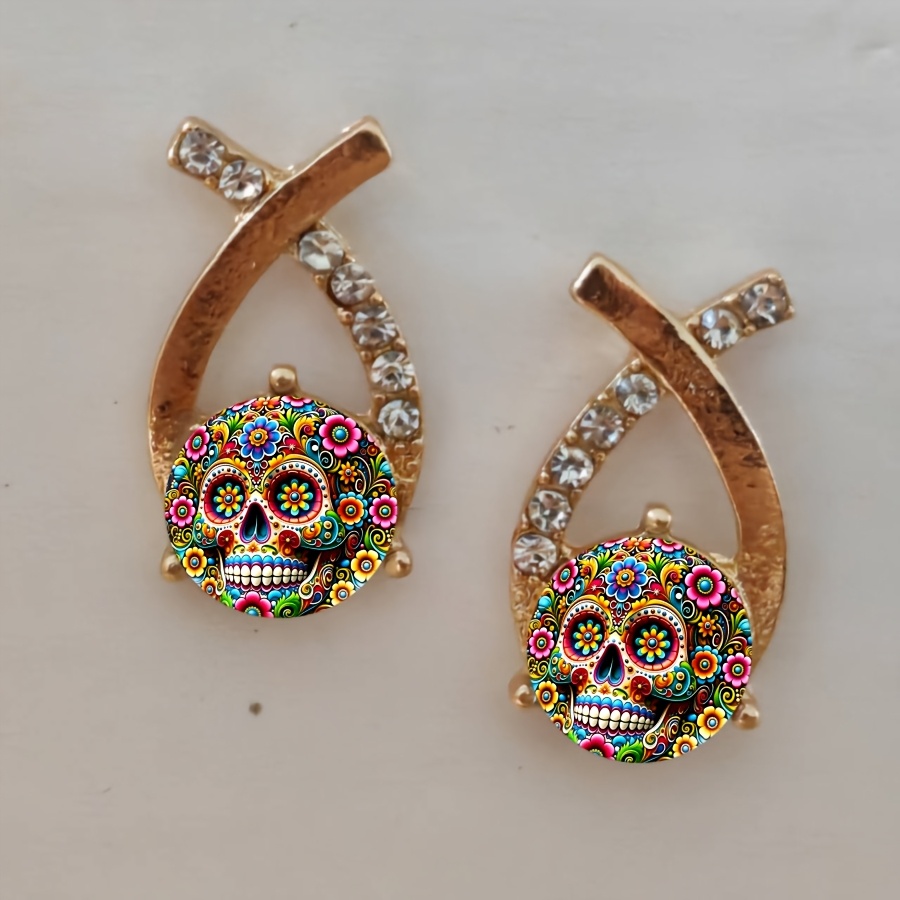 TEMU 2pcs Sugar Skull Earrings Flower Earrings Earrings Mexican Earrings Circular Earrings Unisex Earrings Jewelry Additions Unique Jewelry Christmas