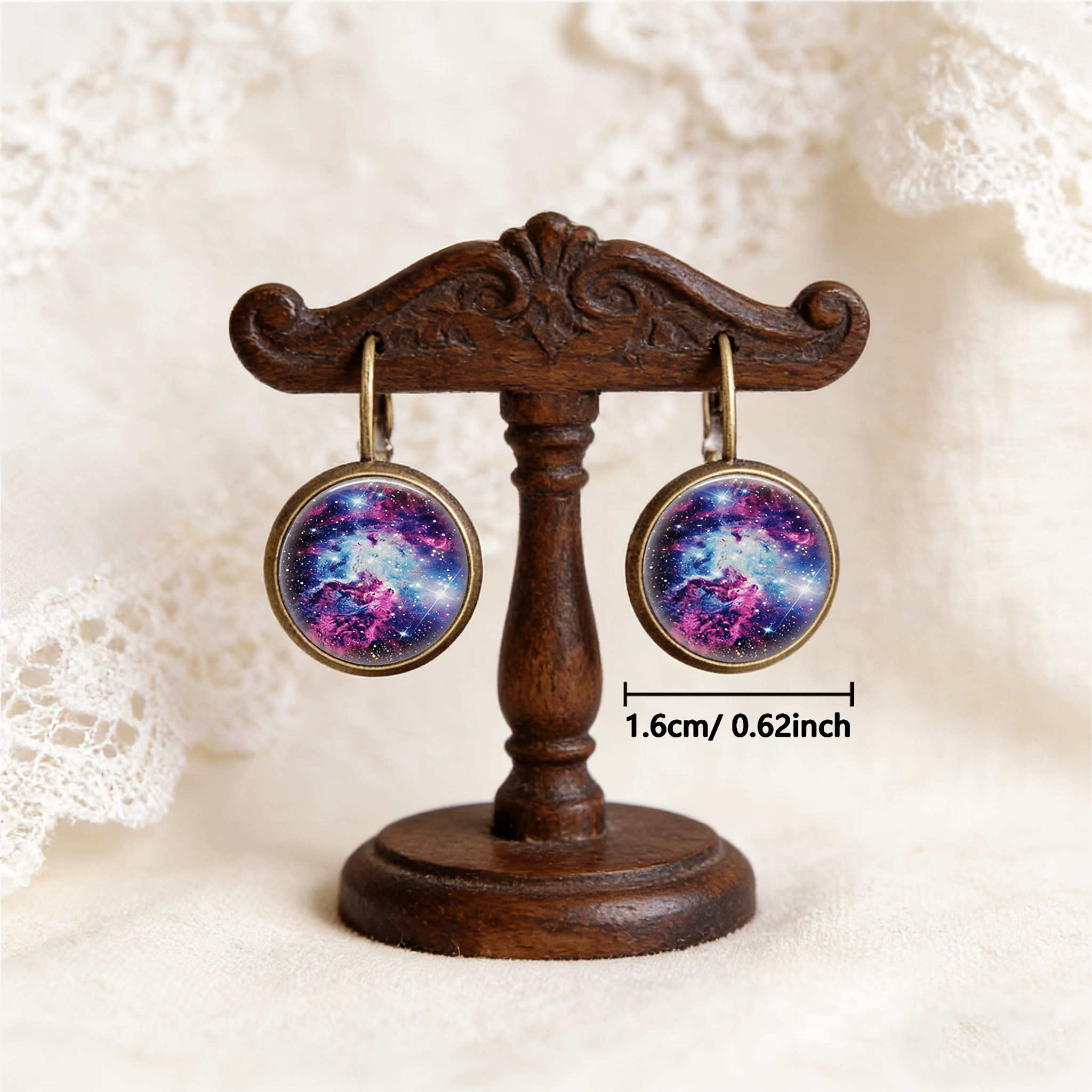 2pcs Cyan Round Classical Earrings Set with Colorful Universe Nebula