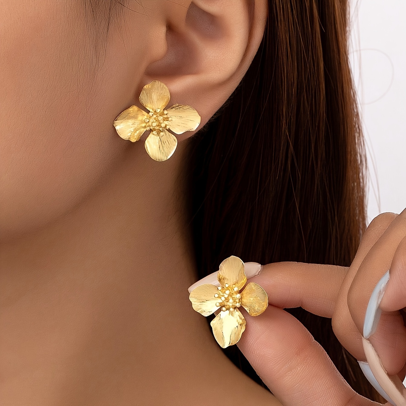 French Women's Flower Stud Earrings, Golden Plated