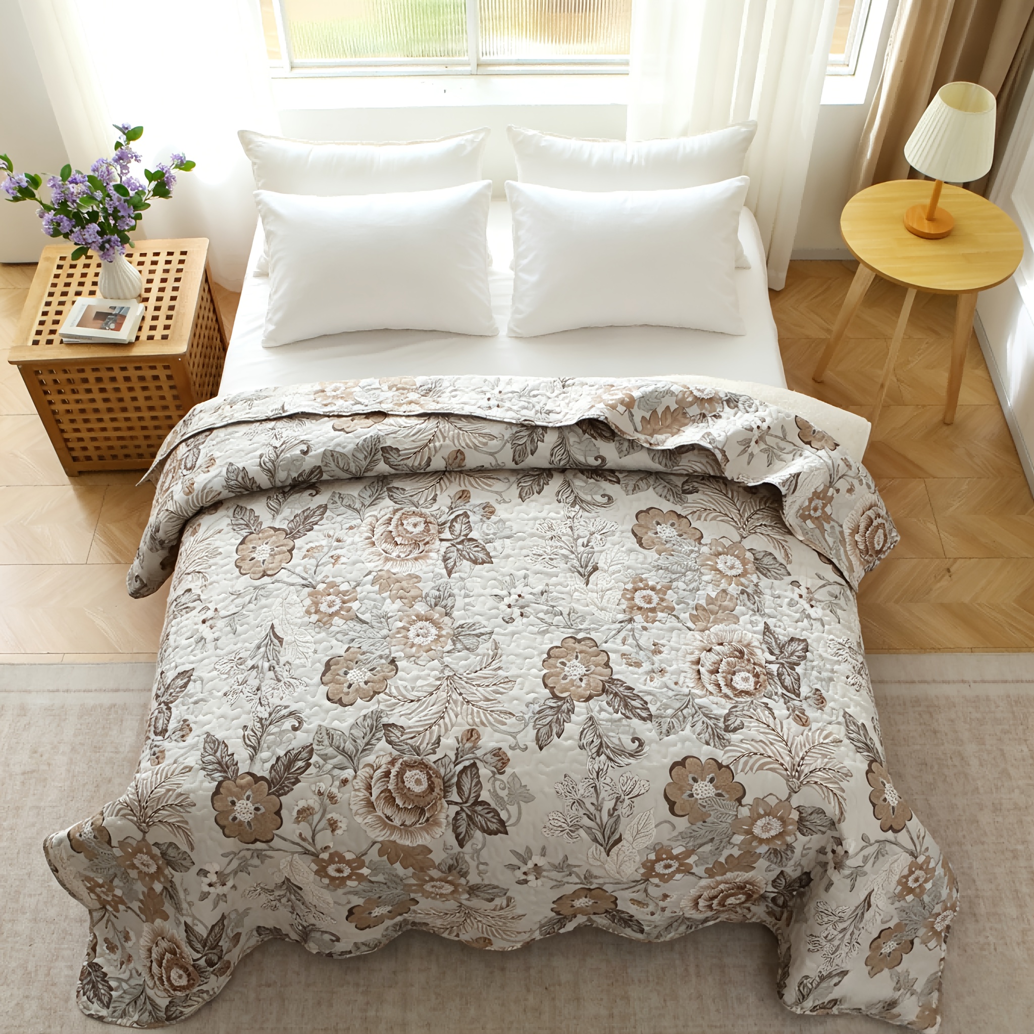 Quilted Microfiber Bedspread, Reversible Coverlet, All-year Lightweight Thin Comforter, Stylish Decorative Bedding Cover For Bedroom, Floral Print, Without Pillowcase