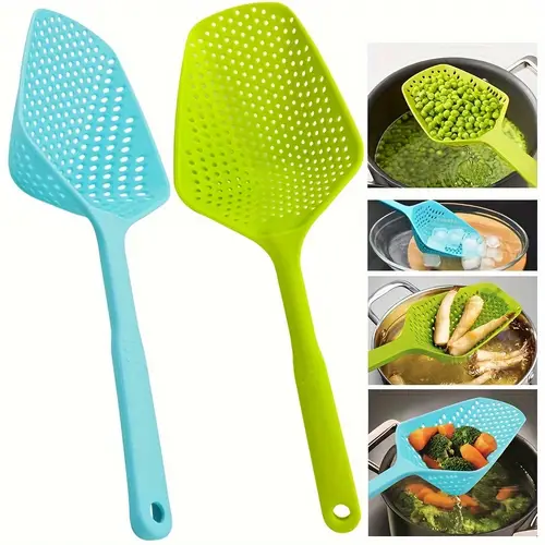 large strainer spoon long handle tool colander draining scoop pasta strainer cooking kitchen for spaghetti noodles veggies 13 5 utensils green
