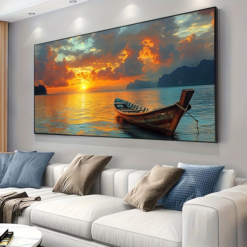 TEMU 2d Flat, 2d/flat 1pc Sunset Serenity Fishing Boat Frameless Canvas Poster - Large Wall Art For Living Room, Bedroom, Dining Room & Office Decor,