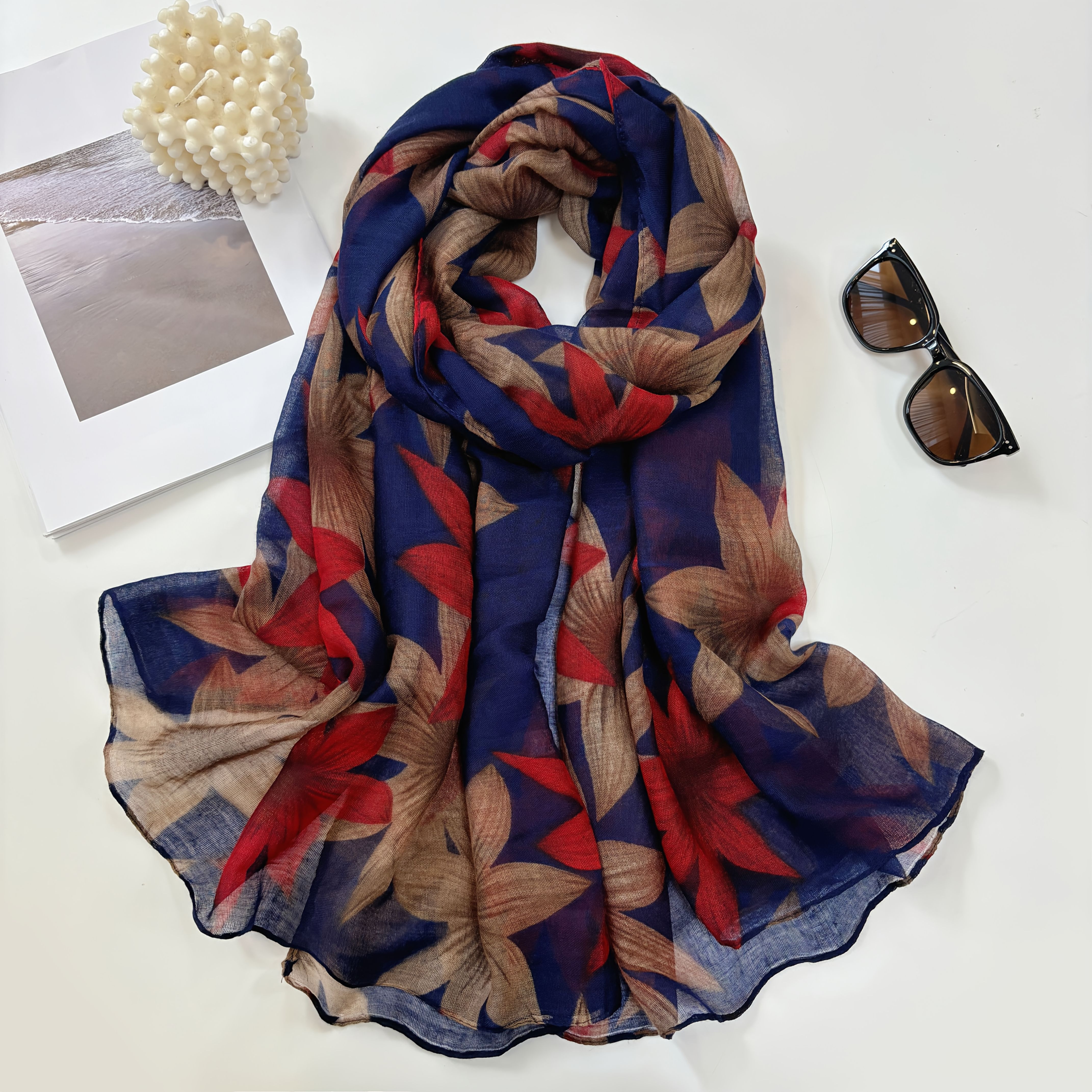 TEMU A Vintage Elegant Color- Long Scarf Shawl Made Of Lightweight And Soft Fabric, Featuring A Floral Print In Contrasting Colors, Breathable And