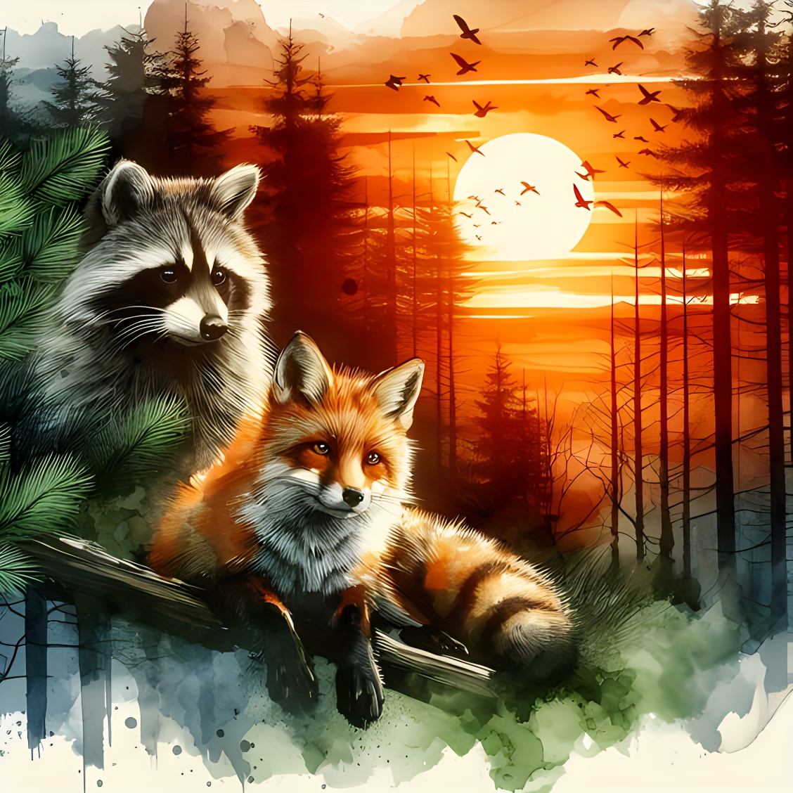 

5d Diy Diamond Painting Kit, Cartoon Fox And Raccoon Round Diamond Art, Canvas Wall Decor Craft Set, 40x40cm