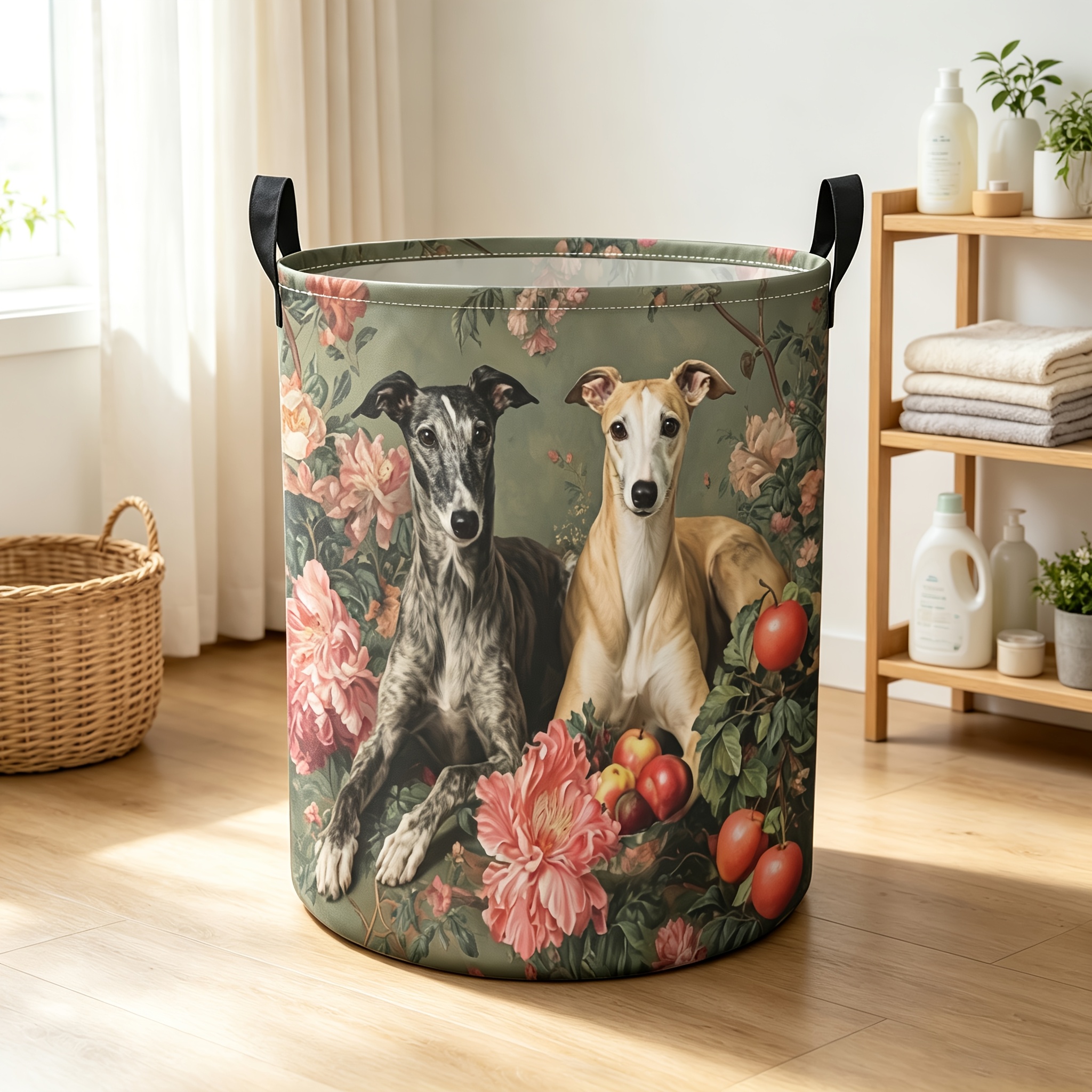 TEMU 1pc, Large Capacity Foldable Laundry Basket With Greyhound Pattern - Durable Round Storage Bin With Sturdy Handle, Multifunctional Laundry