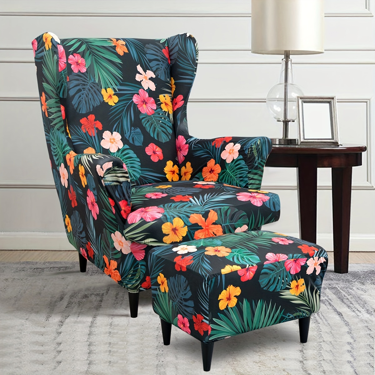 Image of 3pcs Set Of Spring And Summer Printed Leaf And Floral Elastic Footstool Covers, Set For Sofa Covers To Protect And Decorate Furniture