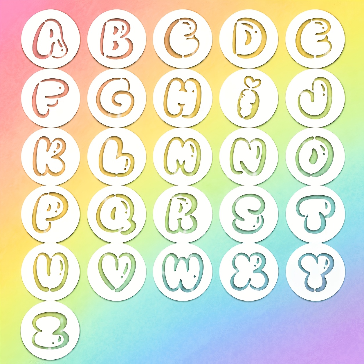 TEMU 26pcs Set Round Cartoon Bubble English Alphabet Hollow-out Painting Stencils, Round And Cute Font Embossing Masking Stencils, Pet Washable And