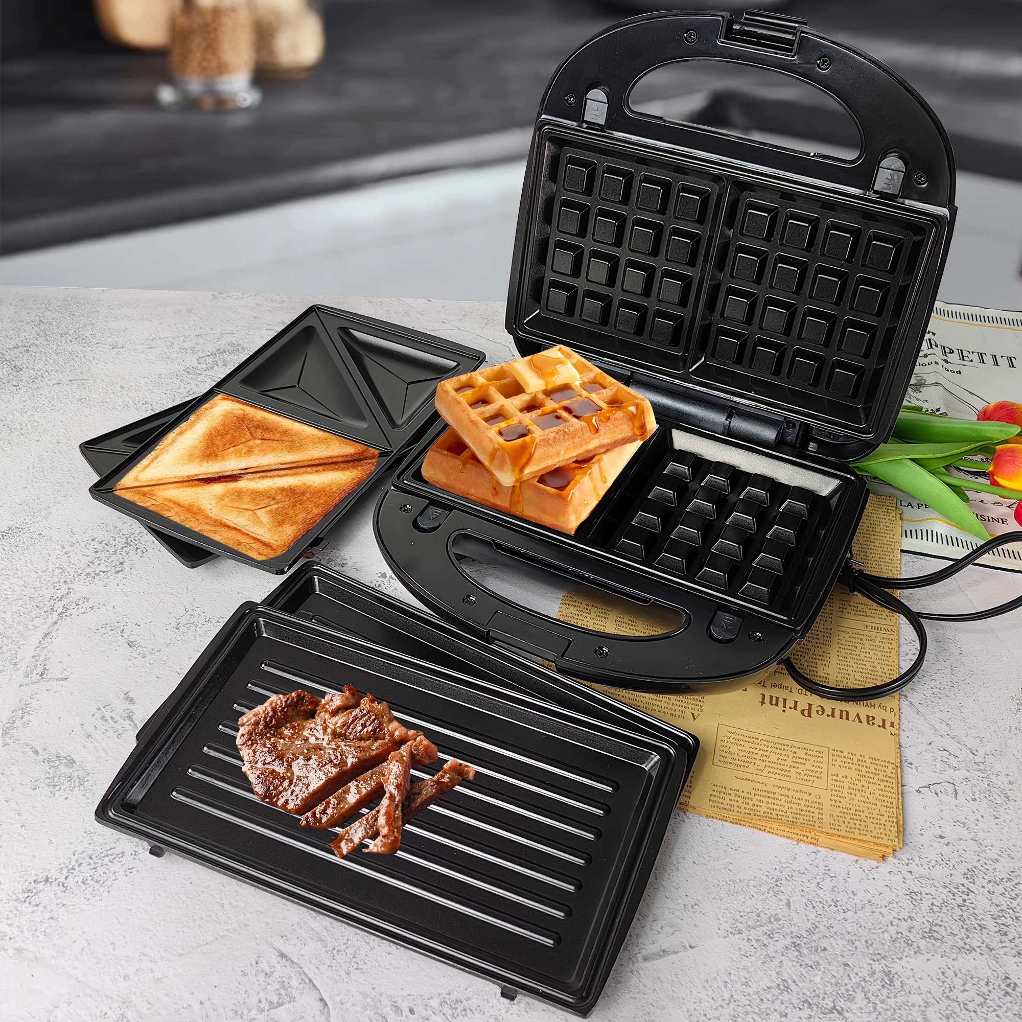 

A 3-in-1 Sandwich Maker For Making Sandwiches, Paninis, , And ; Interchangeable Grill Plates For Quick Breakfasts.