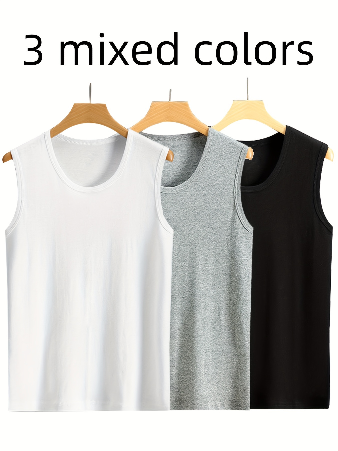 3 pack mens sleeveless tank tops breathable comfortable polyester spandex blend solid color crew neck   knit fabric skinny fit daily casual   95 polyester 5 spandex details 1