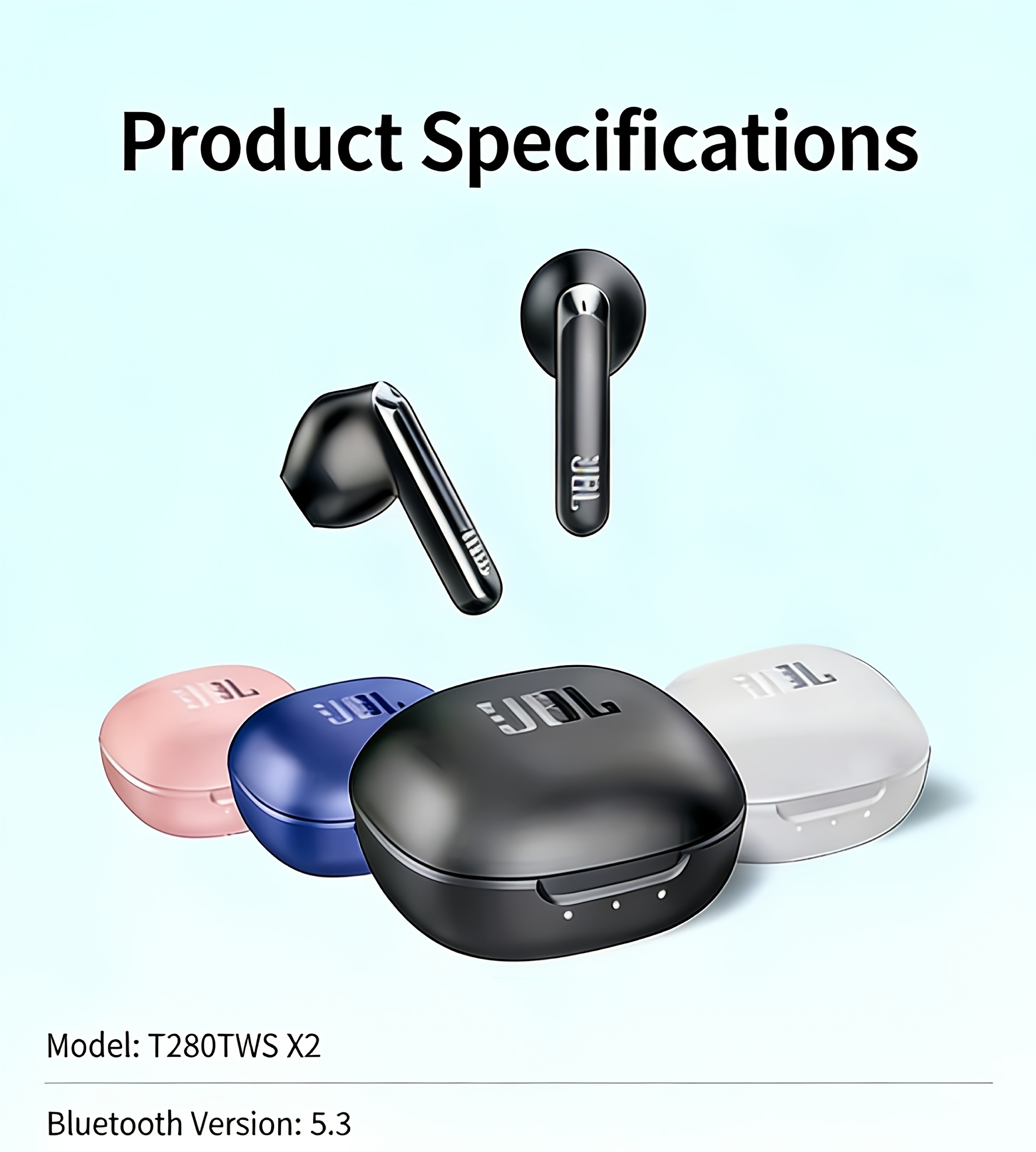 JBL T280TWS X2 True Wireless Earbuds, 12mm Dynamic Driver Deep Bass, DSP Call Noise Cancelling, Bluetooth 5.3 Stable 15m Connection, 24H Total Battery + 10Min Fast Charge, 3.4g Lightweight Semi-In-Ear, Low Latency Game Mode, IPX4 High Quality, Type-C