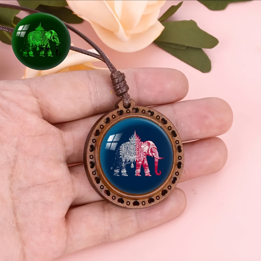 Thai Elephant Pattern Wooden Pendant Necklace, Unisex Gift