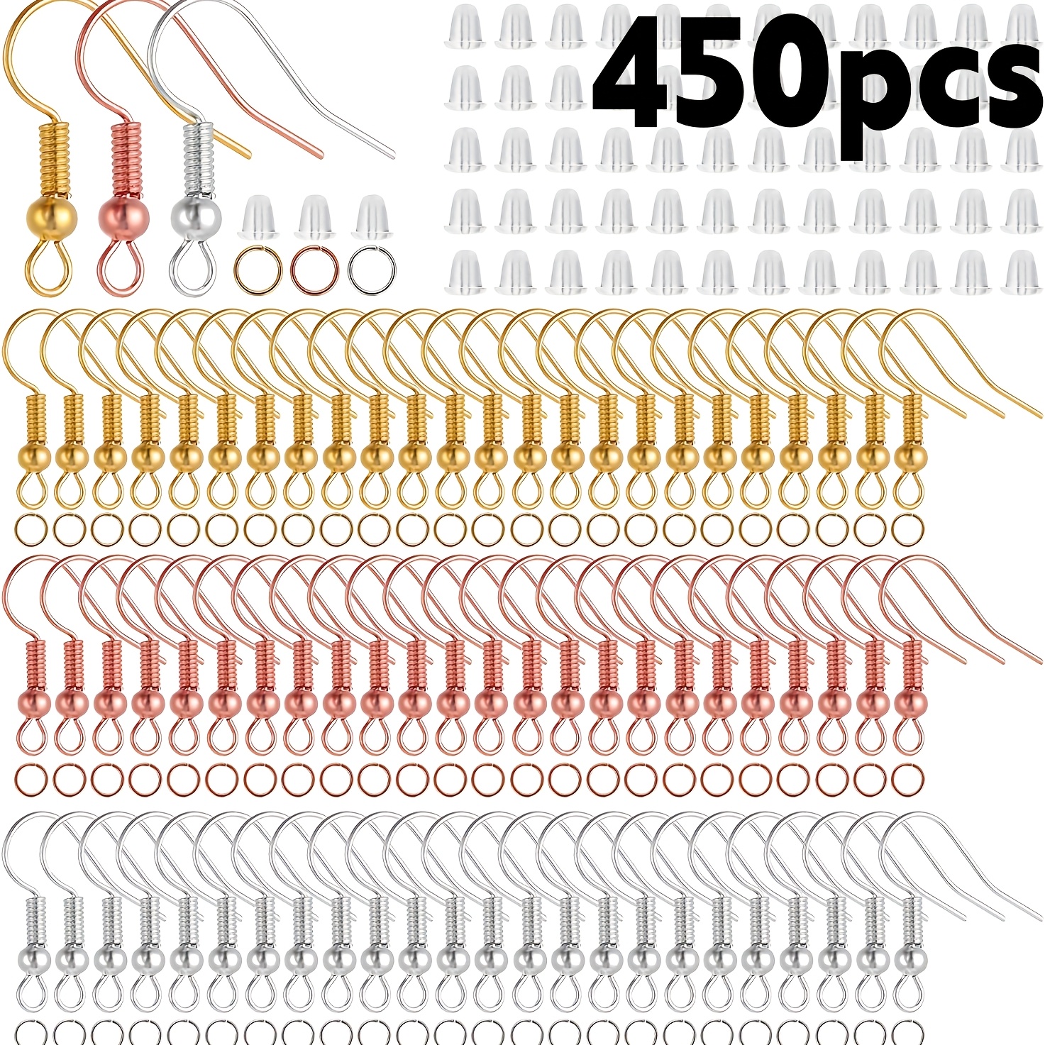TEMU Kit de 450 pièces de crochets pour boucles d'oreilles, argenté/doré/or rose, kit hypoallergénique pour la fabrication de bijoux, 150 crochets