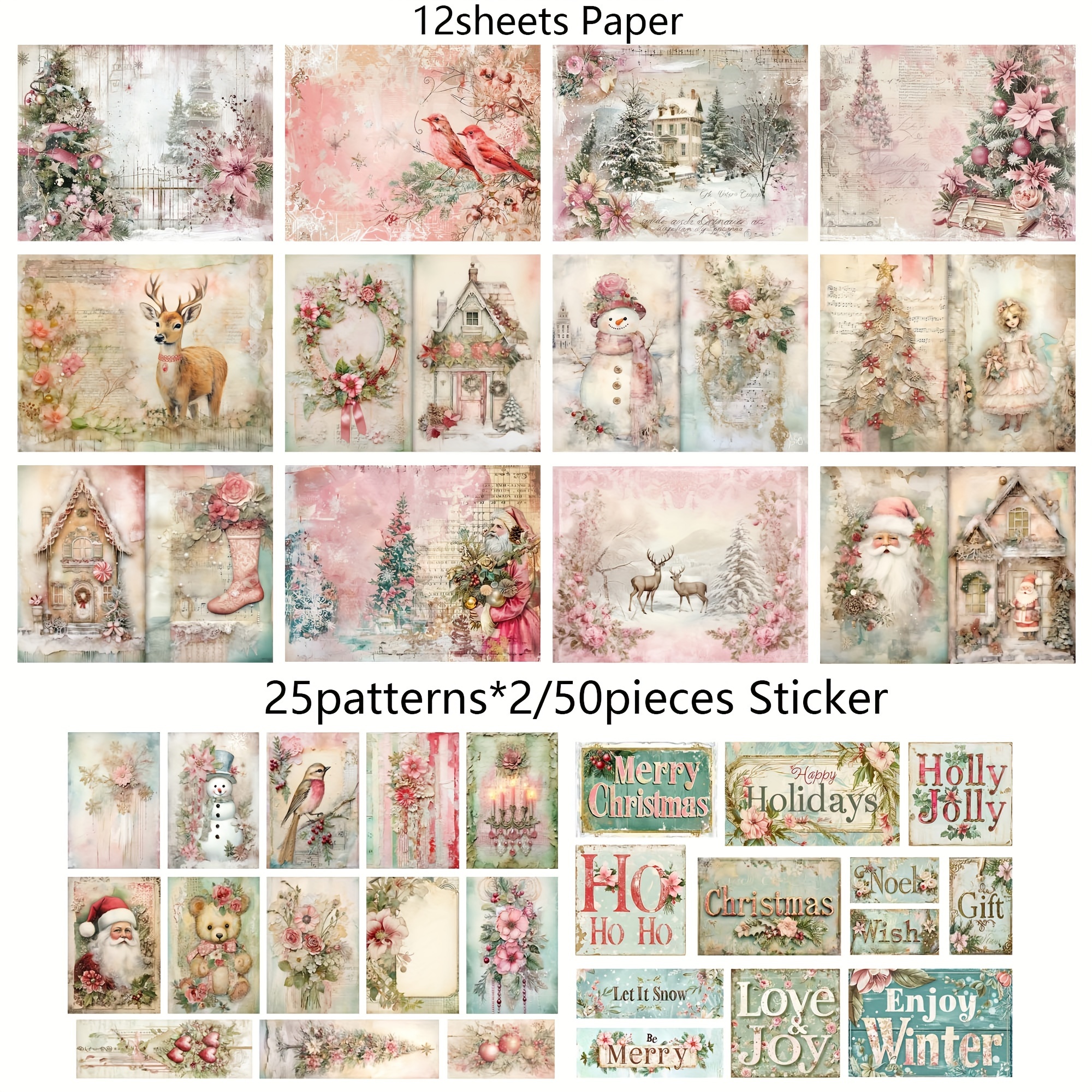 Image of 62pcs (12 A5 Papers + 50 Stickers) Vintage Deer Christmas Background Paperpads Set Sticker, Perfect For Arts Crafts, Holiday Party, Scrapbooking Supplies, Crafts, Christmas Decoration, Junk Journals