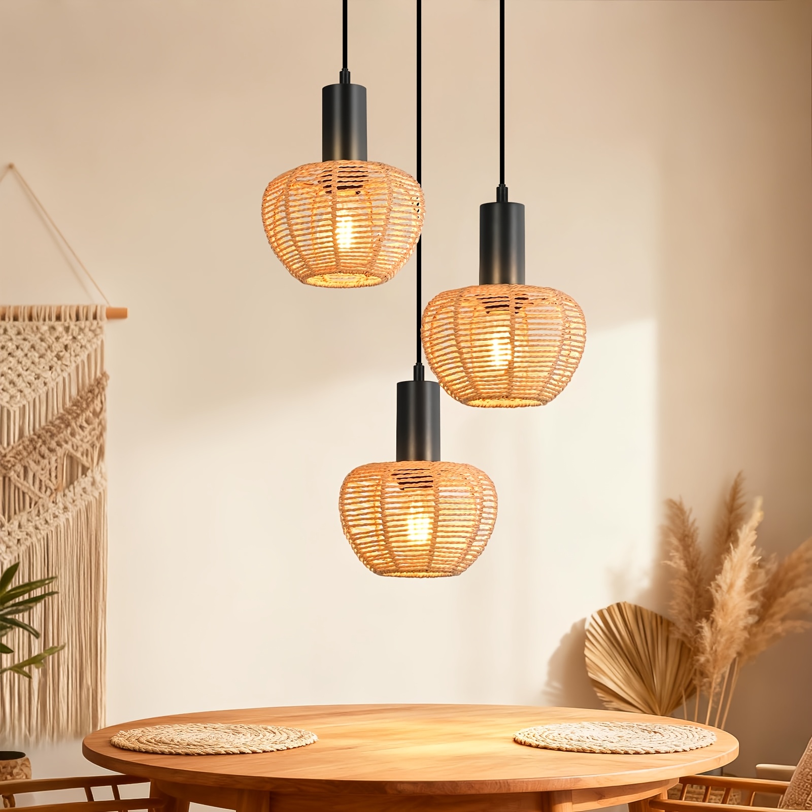 Image of Boho-style Living Room Lamp, Retro Woven Pendant Light For Dining Table, Hanging Light For Living Room, 3 E27 Sockets, Suitable For Dining Room, Living Room, And Bedroom, Bulbs Not Included