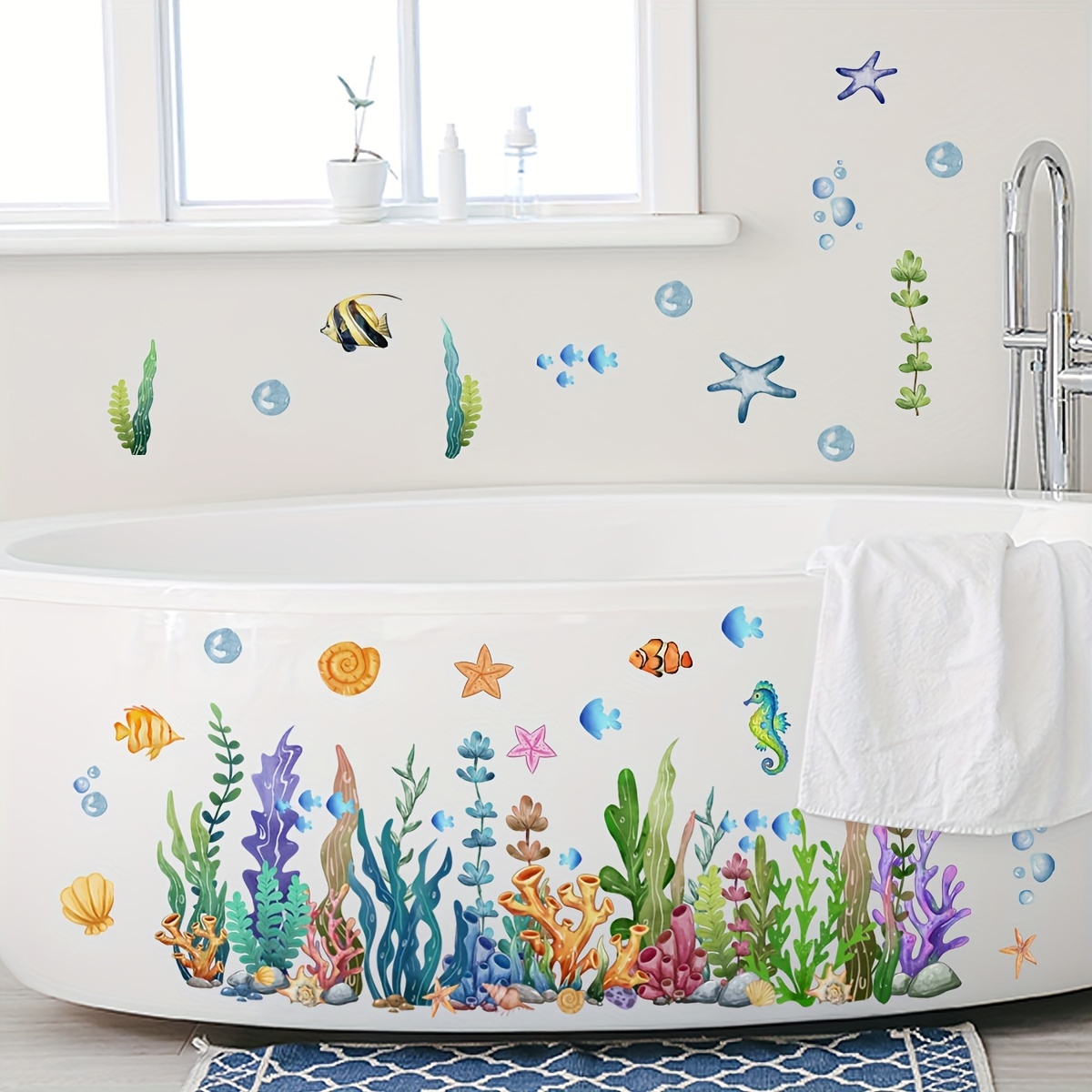 

Underwater Ocean Scene Bathtub Stickers, Non-slip Bath Tub Appliques With Marine Animals & Seaweed, Self-adhesive Bathroom Decor Decals, Summer Must-have, Set Of 1 Sheet - Ms7589