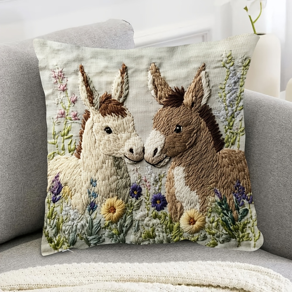 

1pc Donkey Embroidery Throw Pillow Cover, 18x18 Inch, Super Soft Short Plush, Double-sided Design With Floral Accents - Ideal For Decor (pillow Insert Not Included), Cute Pillows