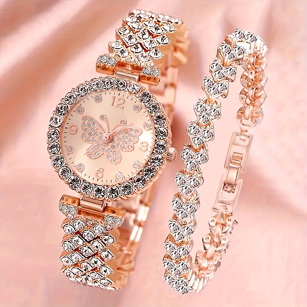 

2pcs/set Elegant Butterfly Quartz Watch Luxury Fashion Stainless Steel Band Wrist Watch & Bracelet, Gifts For Women Her