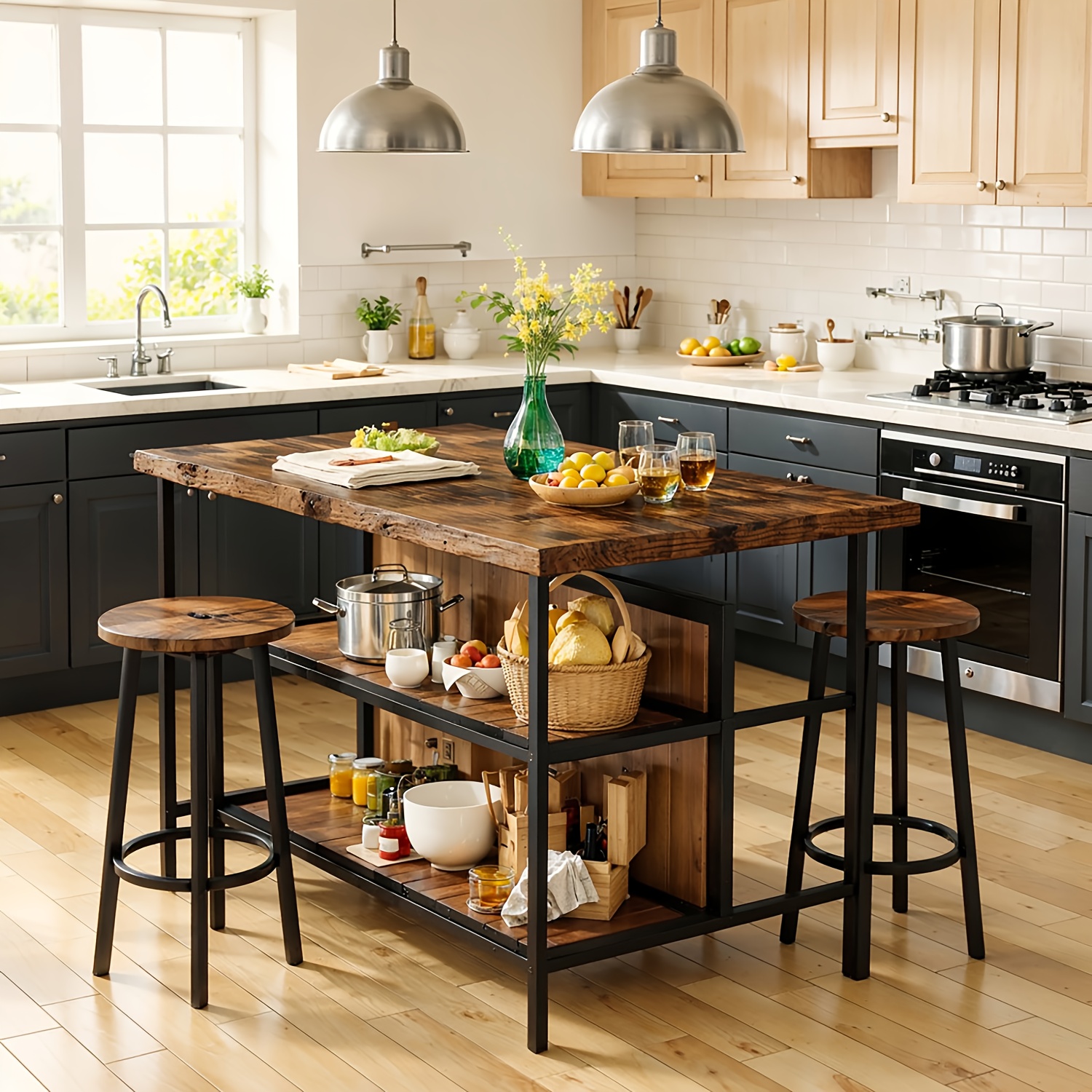 TEMU 3pcs Kitchen Island Set With 2 Bar Stools, Modern Contemporary Style Dining Room Table And Chair Set With 2-tier Storage Shelves, Counter Height