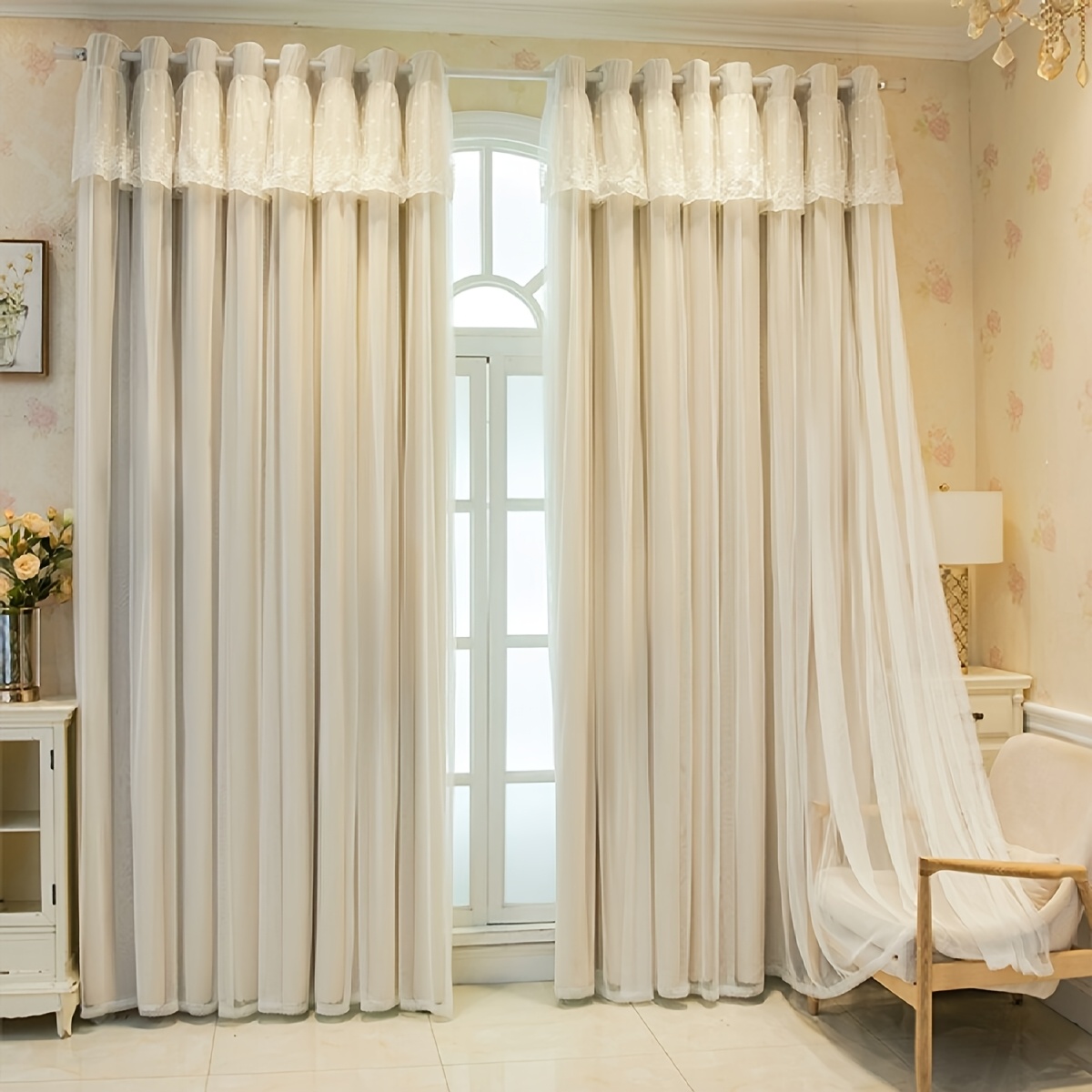 2pcs French Cream Beige Double-Layer Lace Curtains Suitable for Household, Rental Homes & Homestays - Light Blocking Floor-Length Window Drapes with Grommet Top, Sheer Panels for, Machine Washable for Bay Windows, Bedroom
