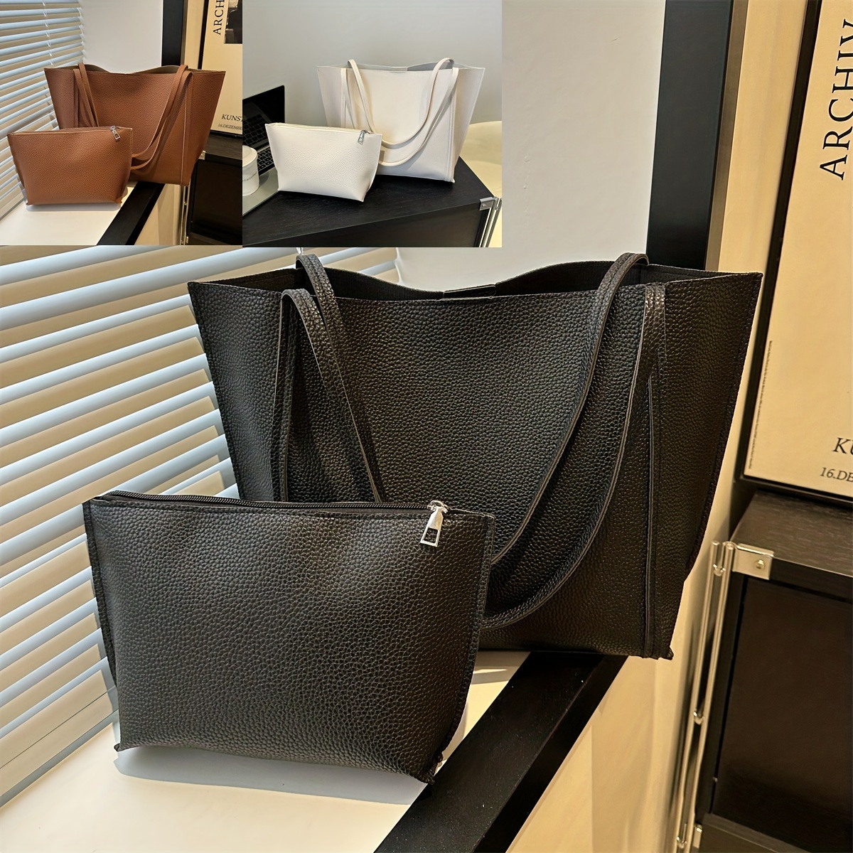 

2-piece Set Lichee Pattern Faux Leather Tote Bag Set, Large Capacity Handbag With Clutch Zipper Pouch, Elegant Shoulder Bag Set With Purse
