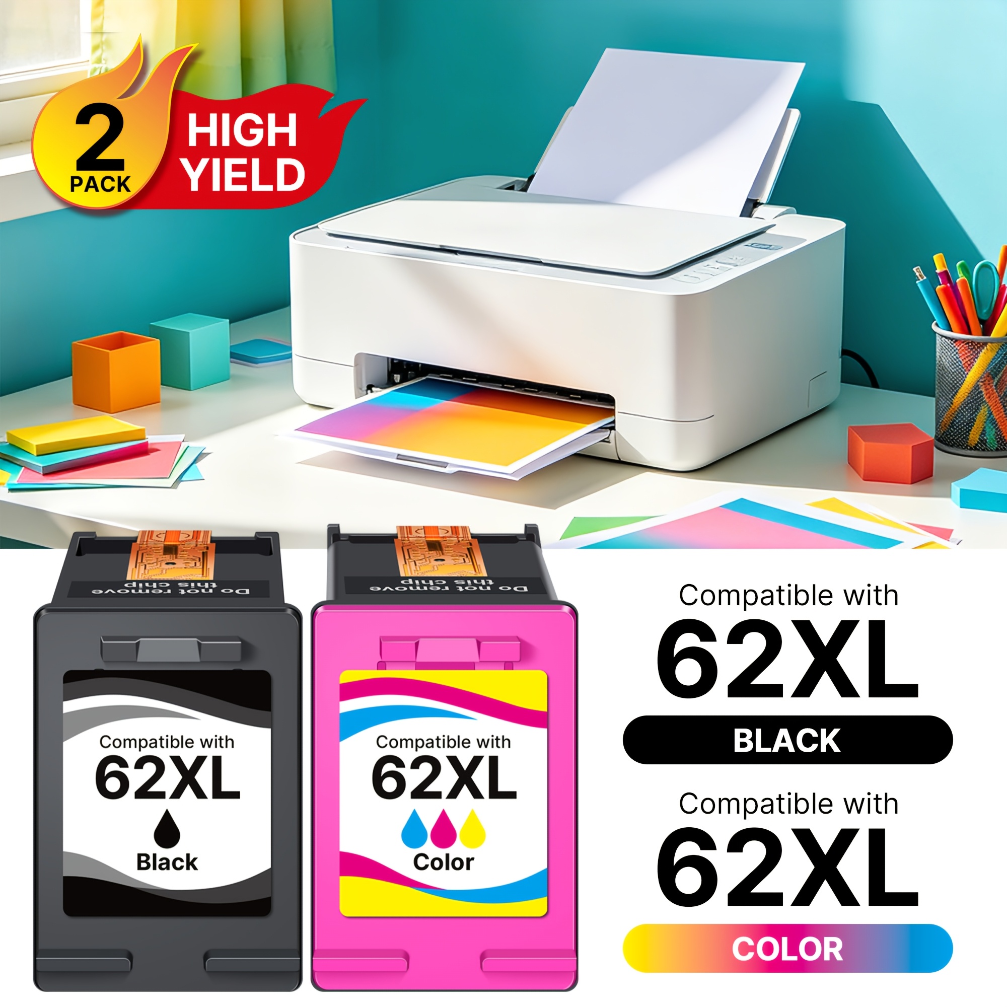 TEMU Cartouches d'encre 62XL Remanufacturées pour HP Ink 62 pour HP 62XL Pack Combo de Cartouches d'encre Fonctionne avec pour hp 7640 7645 5660 5540