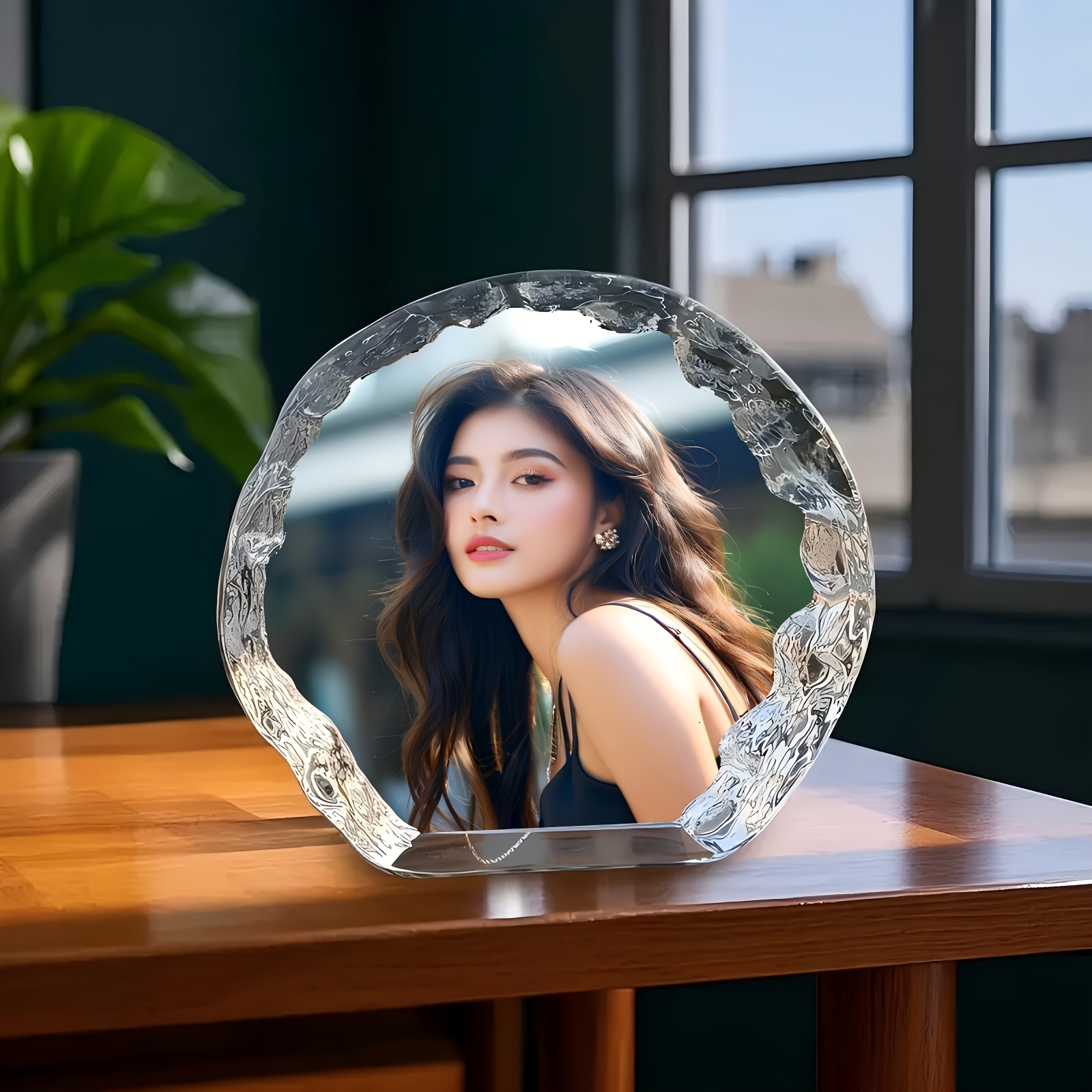 E-shop 1 Stück Personalisierter Kristall-Fotorahmen, Rundes Glas-Fotoalbum als Dekoration für Schlafzimmer, Wohnzimmer, Büro-Schreibtisch,