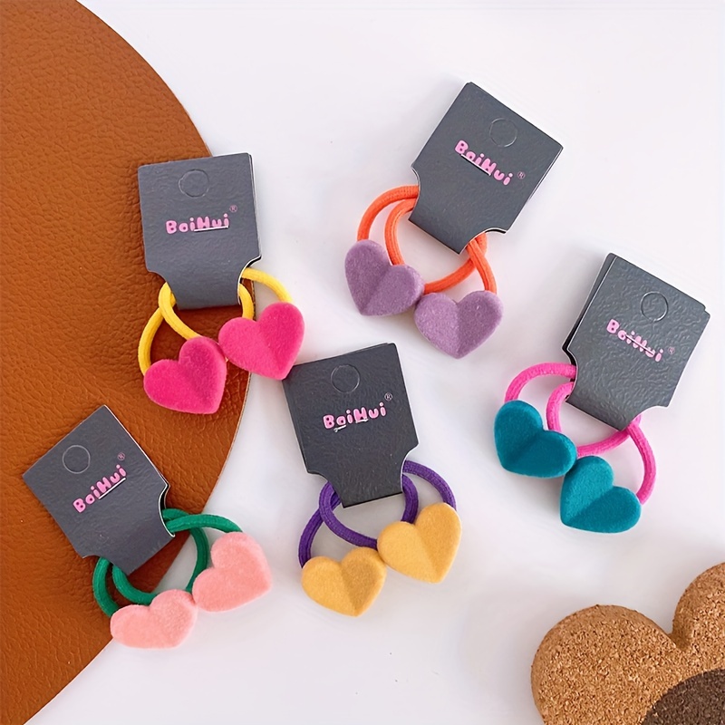 TEMU 10pcs Set Of Little Girls' Hair Cords, Contrasting Colors, Plush Hearts, Small Size Hair Cords, Hair Rings, Cute High Elasticity Rubber Band
