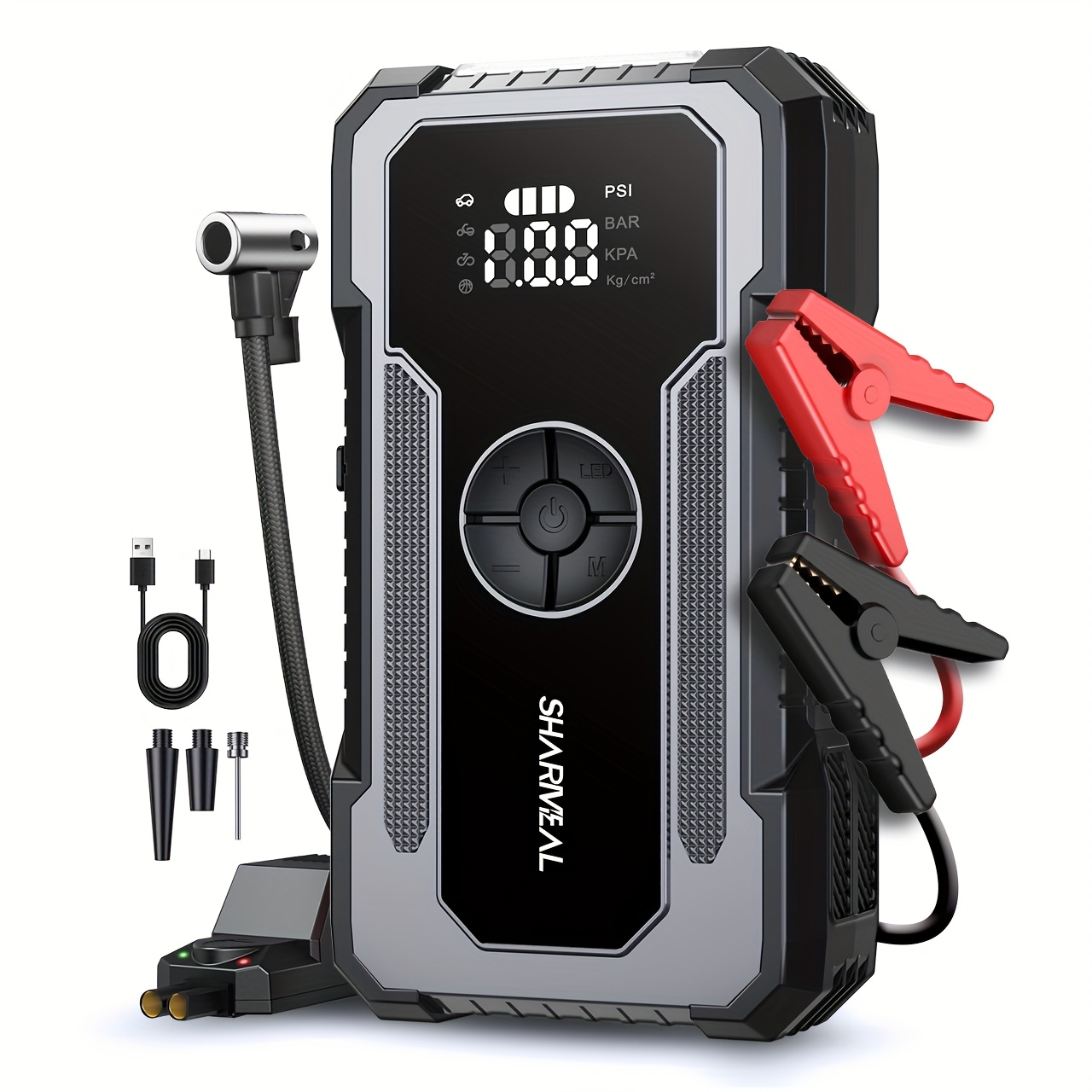 

Jump Starter With Air Compressor, Sharmeal 150psi Car Jump Pack (9.0 Gas/8.0l Diesel), 12v Car Battery Jump Starter