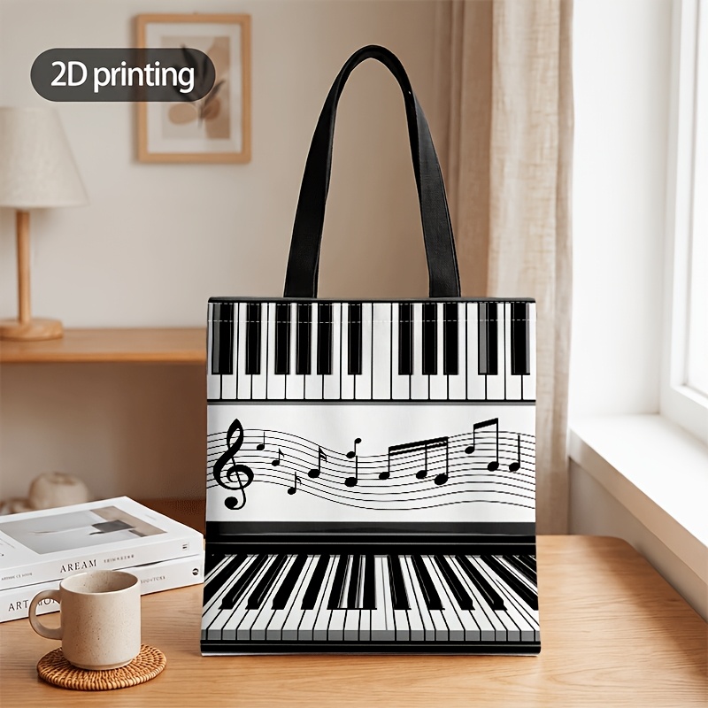 TEMU Sac bandoulière et sac à main plat 2D pour hommes et femmes, sac bandoulière avec imprimé de notes de musique et touches de piano et blanc pour