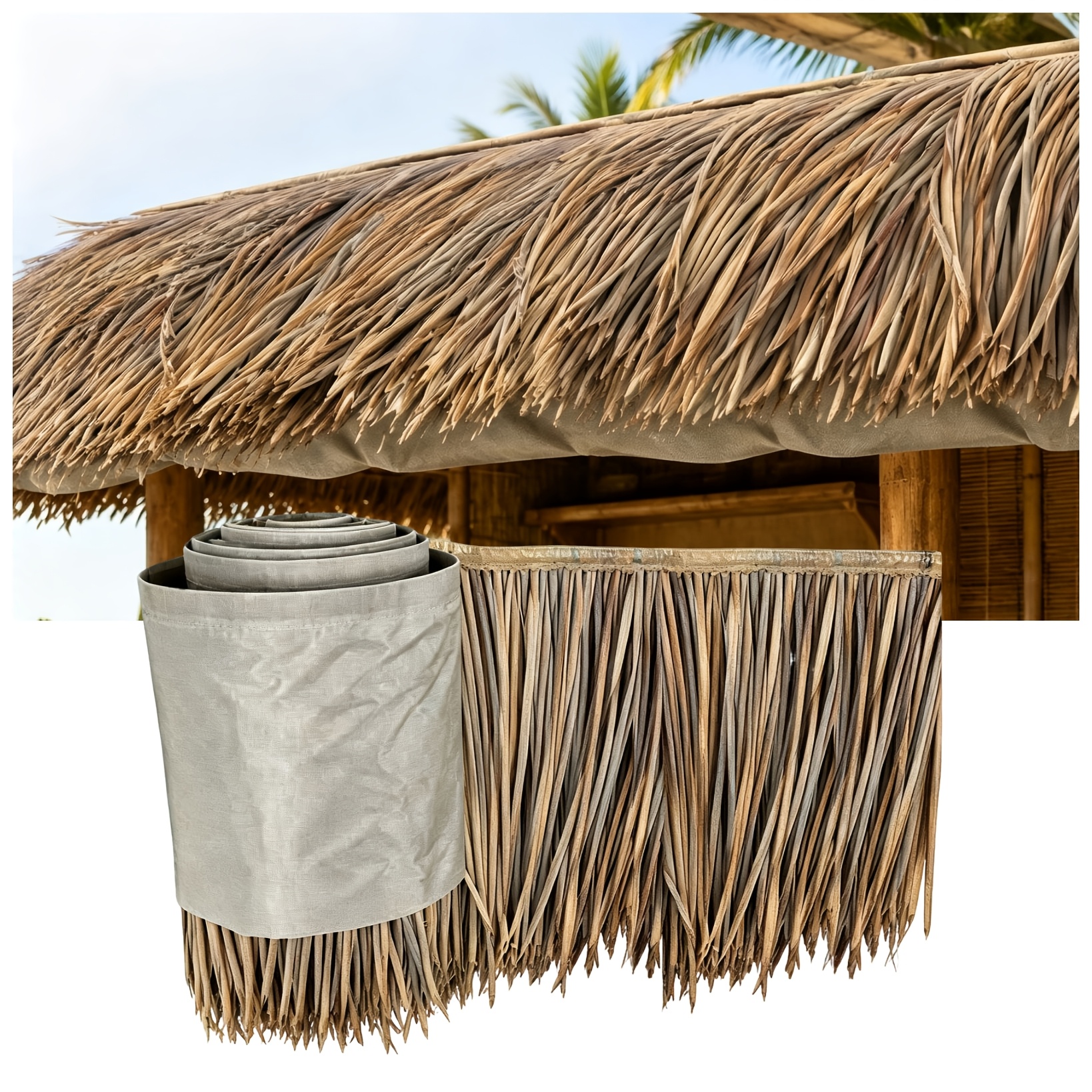 Image of Mexican Palm Thatch Runner Roll With Backing Cloth 3d Texture Straw Thatch Hut Grass For Bar Hut Garden Patio Fence Party Decoration Each Roll
