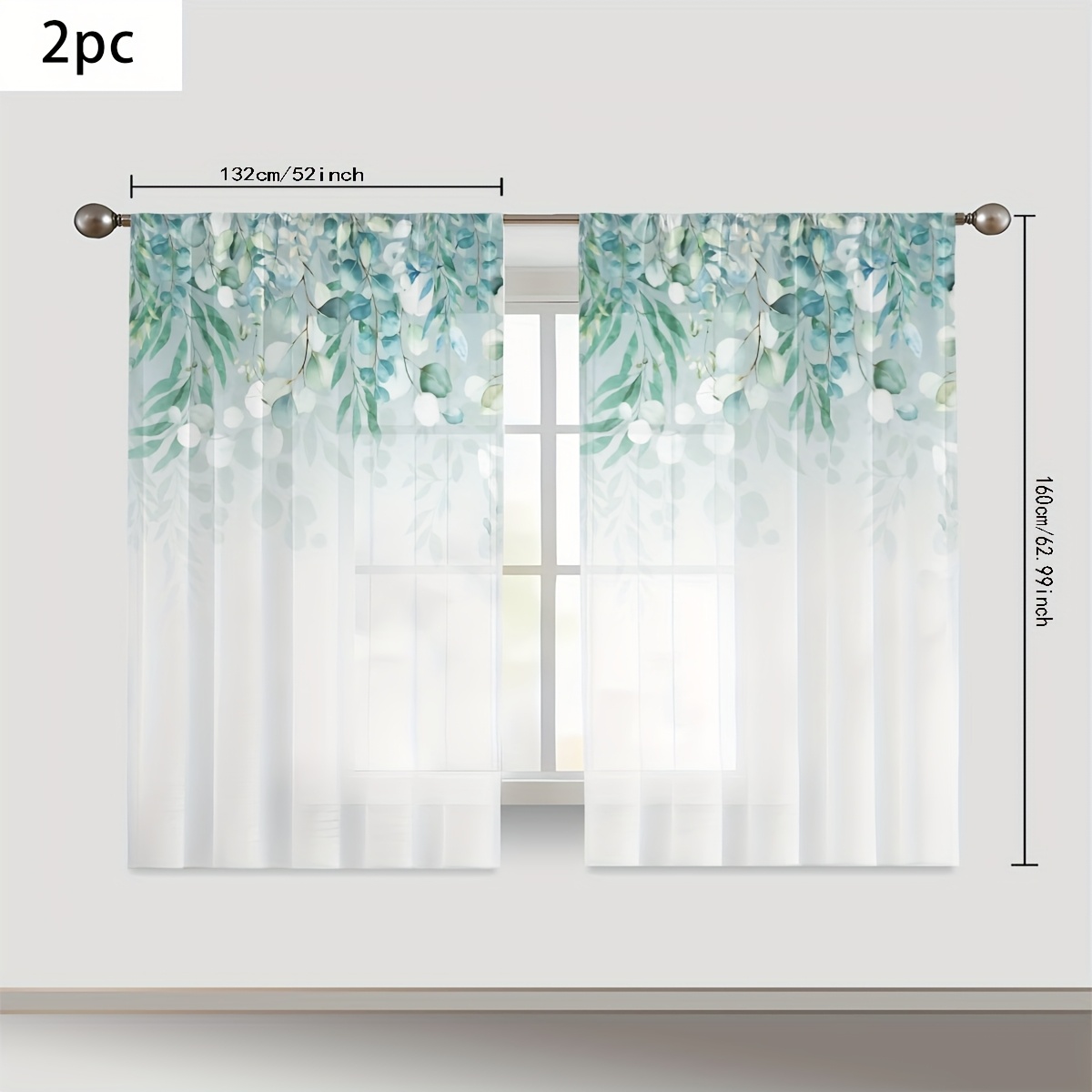 TEMU 2pcs Gradient Leaf Print, Breathable Polyester Fabric, Curtain Rod Pockets For Living Room And Bedroom Decoration, Soft And Elegant, Privacy