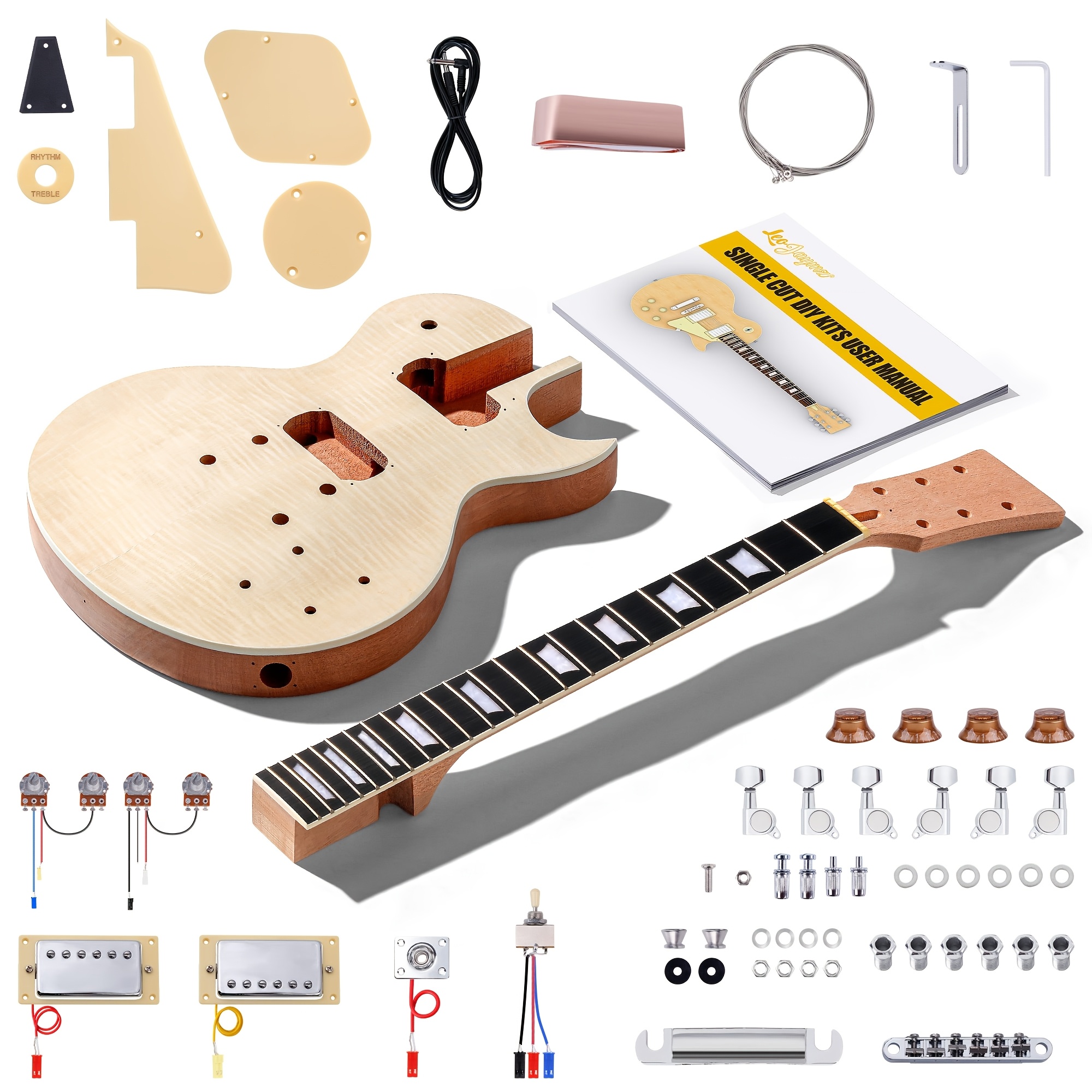 Leo Jaymz 1pc DIY Electric Guitar Kit - S-S-S Pickup Configuration, Ebony Fretboard, Maple Neck, Mahogany Body - Single Tremolo Bridge, 22 Frets, Fully Enclosed Tuning Pegs, Room Electrical Wiring