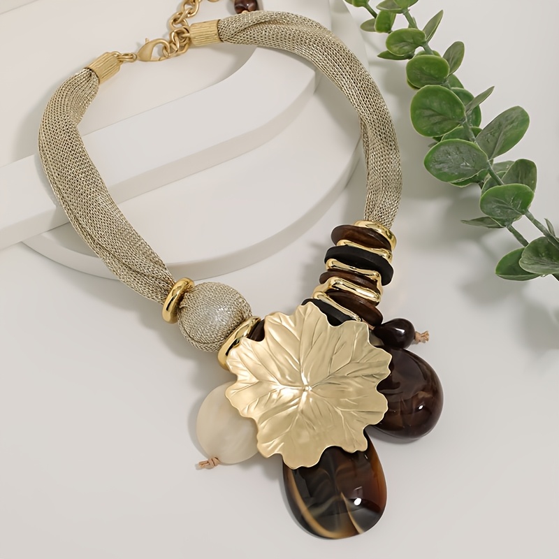 Golden Leaf Pendant Necklace - Bohemian Vintage Resin