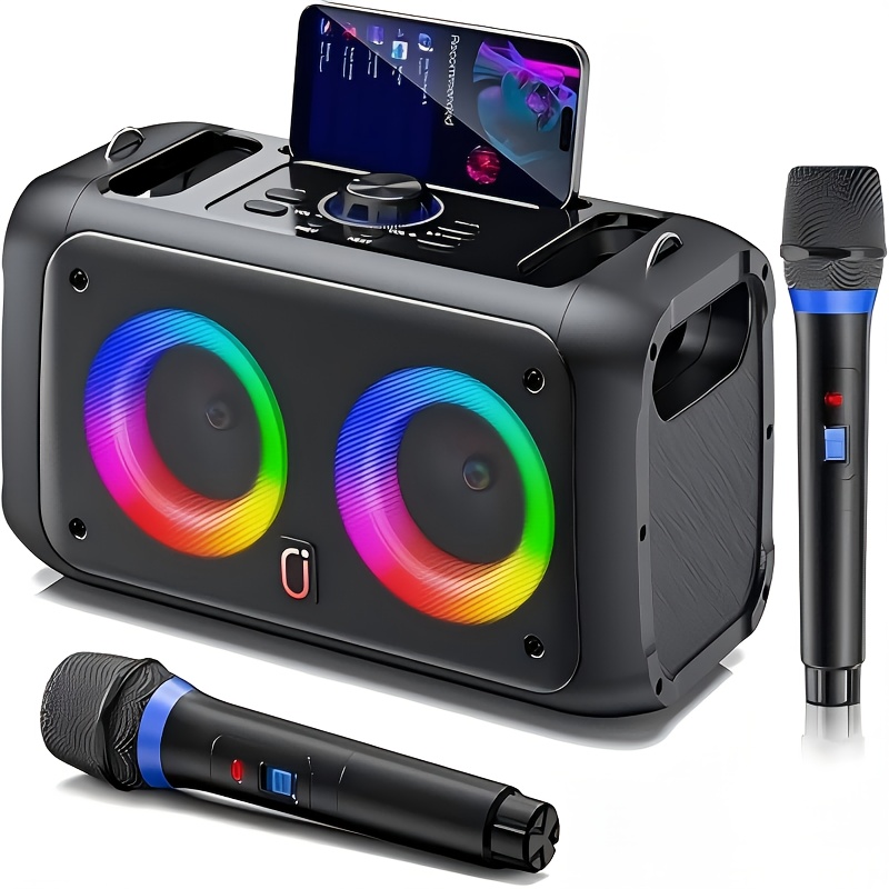 JYX Lydsystem med 2 stk. Trådløse Mikrofoner, Bærbart PA System der understøtter /TF Kort/Usb/Aux Tilslutning, Høj Lydstyrke 4-Tommer Højttaler, Udendørs Familie Sammenkomst Fest RGB Ambient Lys T22-T Sort Hjemme Karaoke Alt-i-Én Maskine