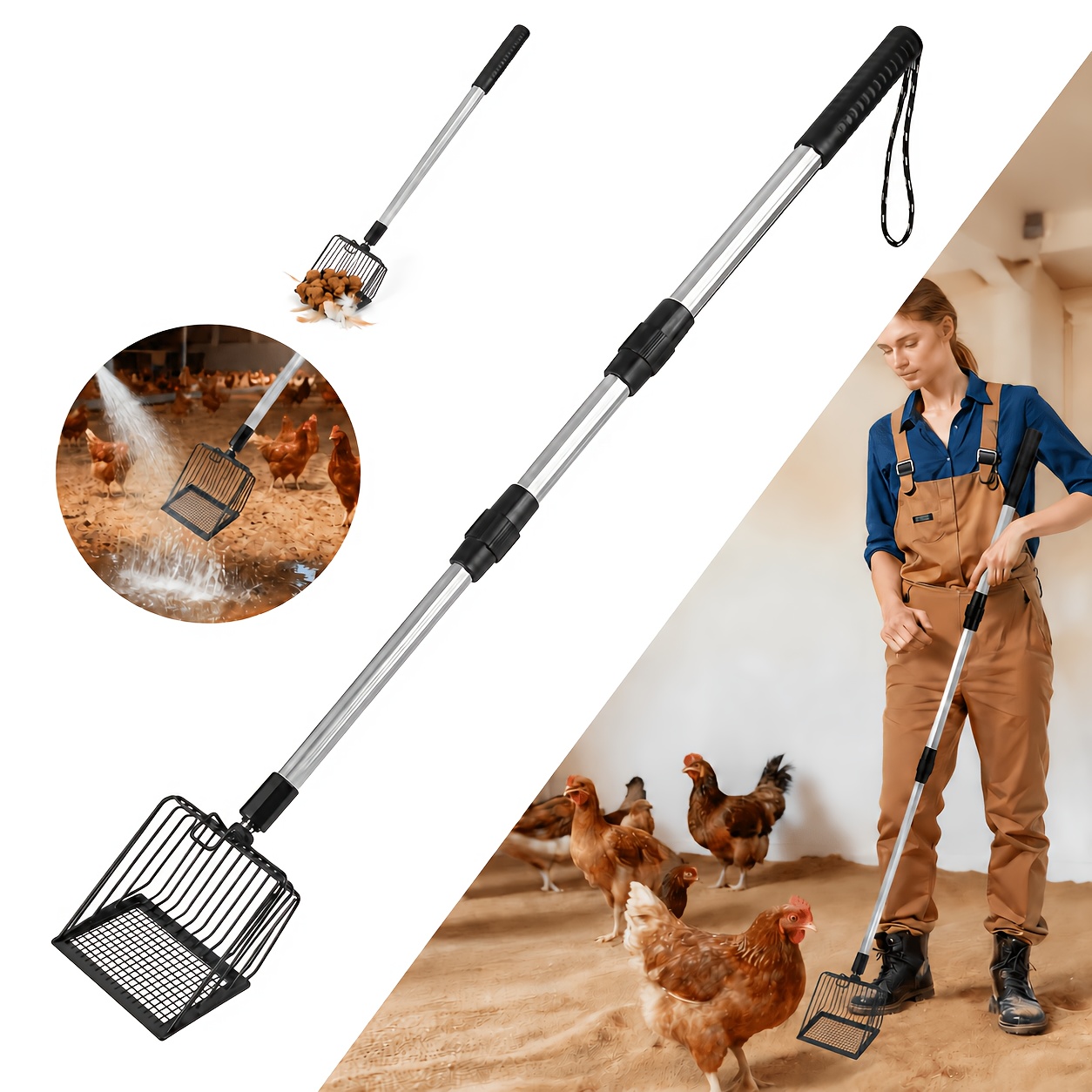 TEMU Heavy-duty Metal Scooper With Extendable Handle & 3-in-1 Shovel - Manure Suitable For Poultry Coops, , Backyards, - Ideal For Bedding, Pine