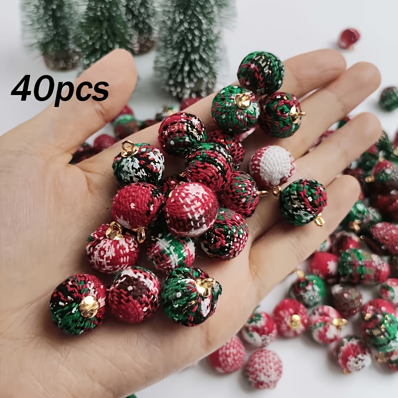 TEMU 40pcs Mini Christmas Ornaments - Random Red Green Fabric Wrapped Patterns (red/green/white), With Golden Hats And Hooks, For Hanging Decorations