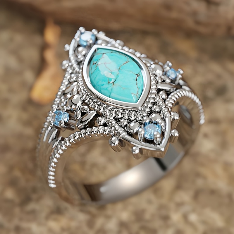 Retro Inlaid Synthetic Turquoise Ring for Women