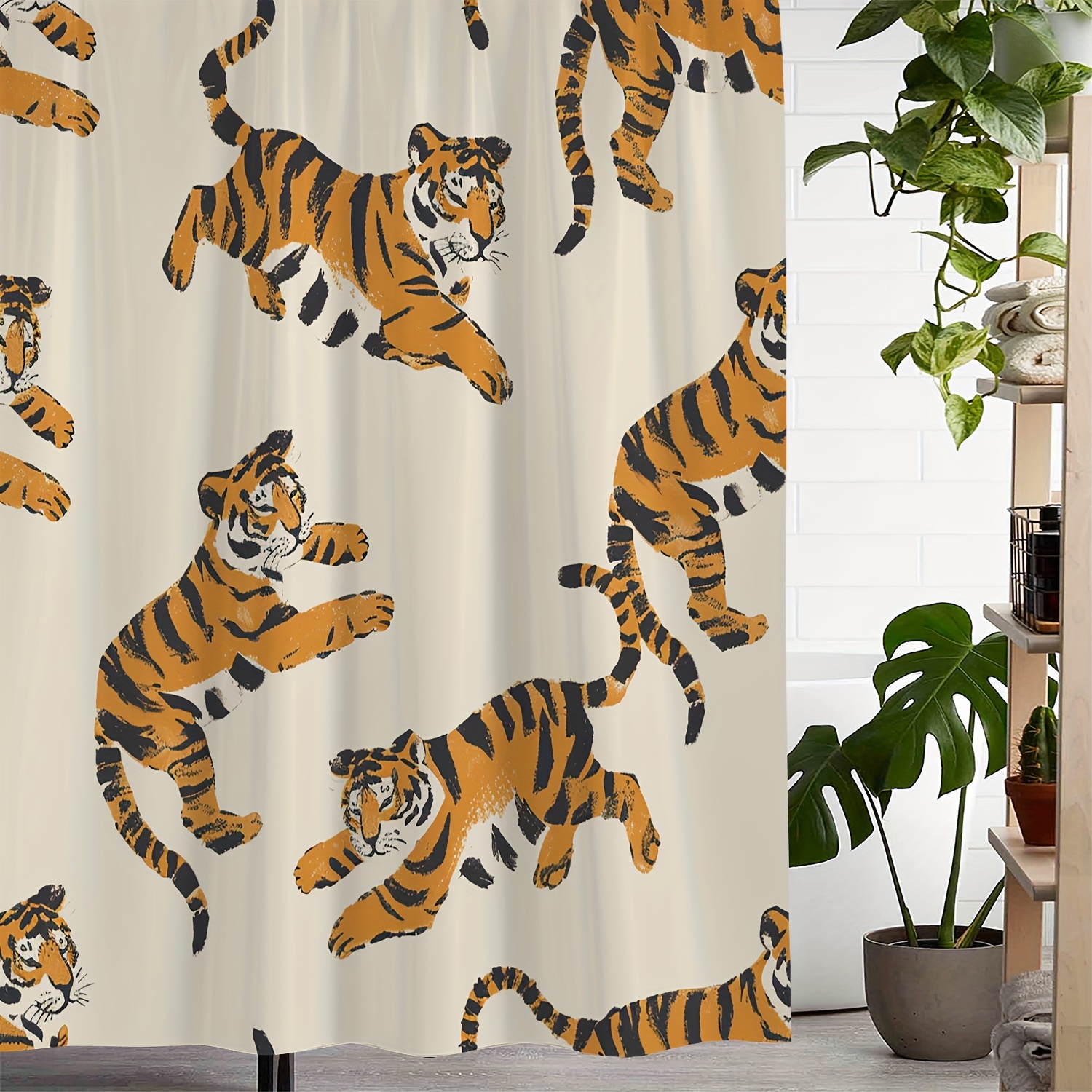 

Water-resistant Polyester Shower Curtain With Tiger Print - Machine Washable, Includes 12 Hooks, Woven Arts Themed Bathroom Accessory With Water-repellent Finish