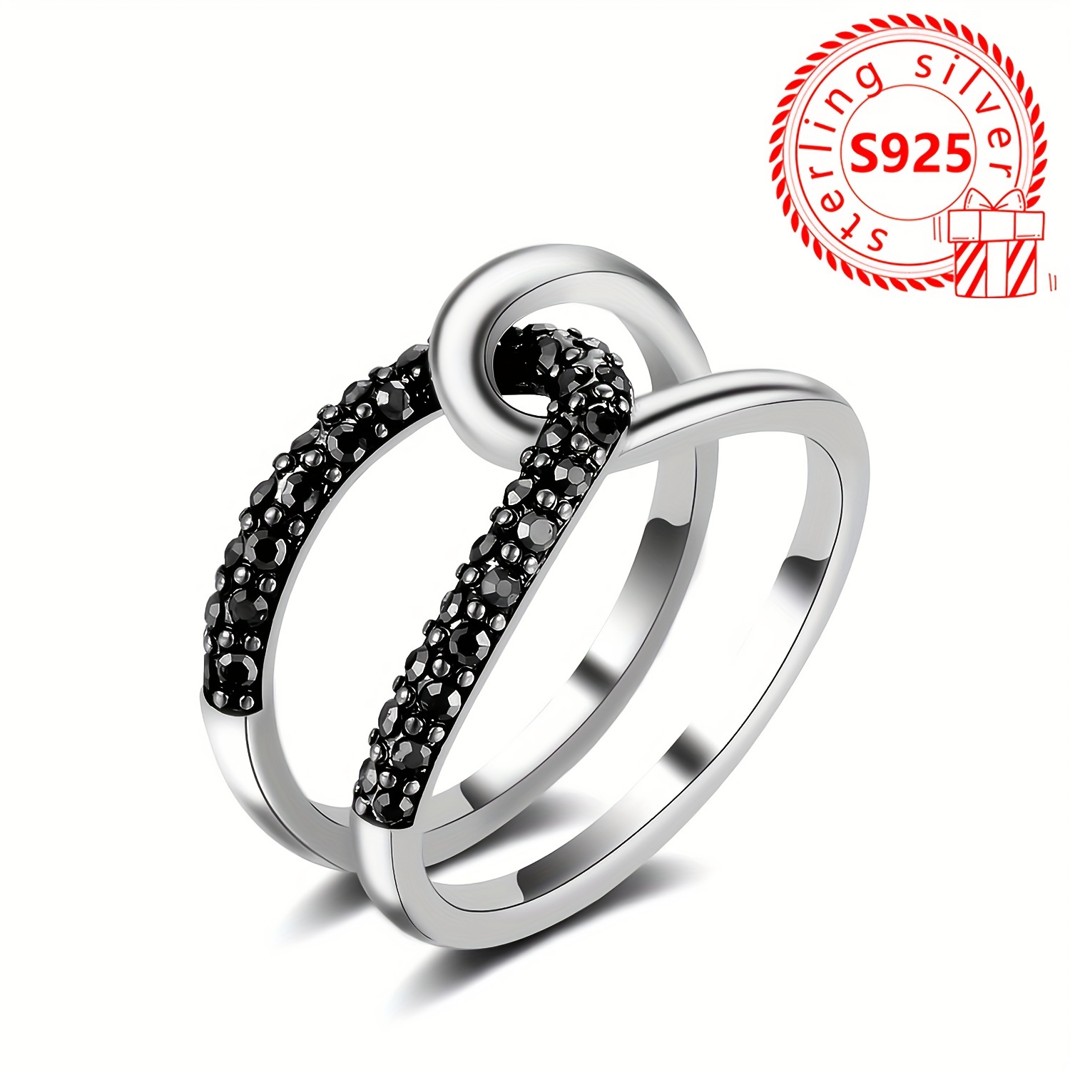 

Elegant Vintage 925 Sterling Silver Ring, Silver Plated, With Synthetic Cubic Zirconia, Interlocking Design For