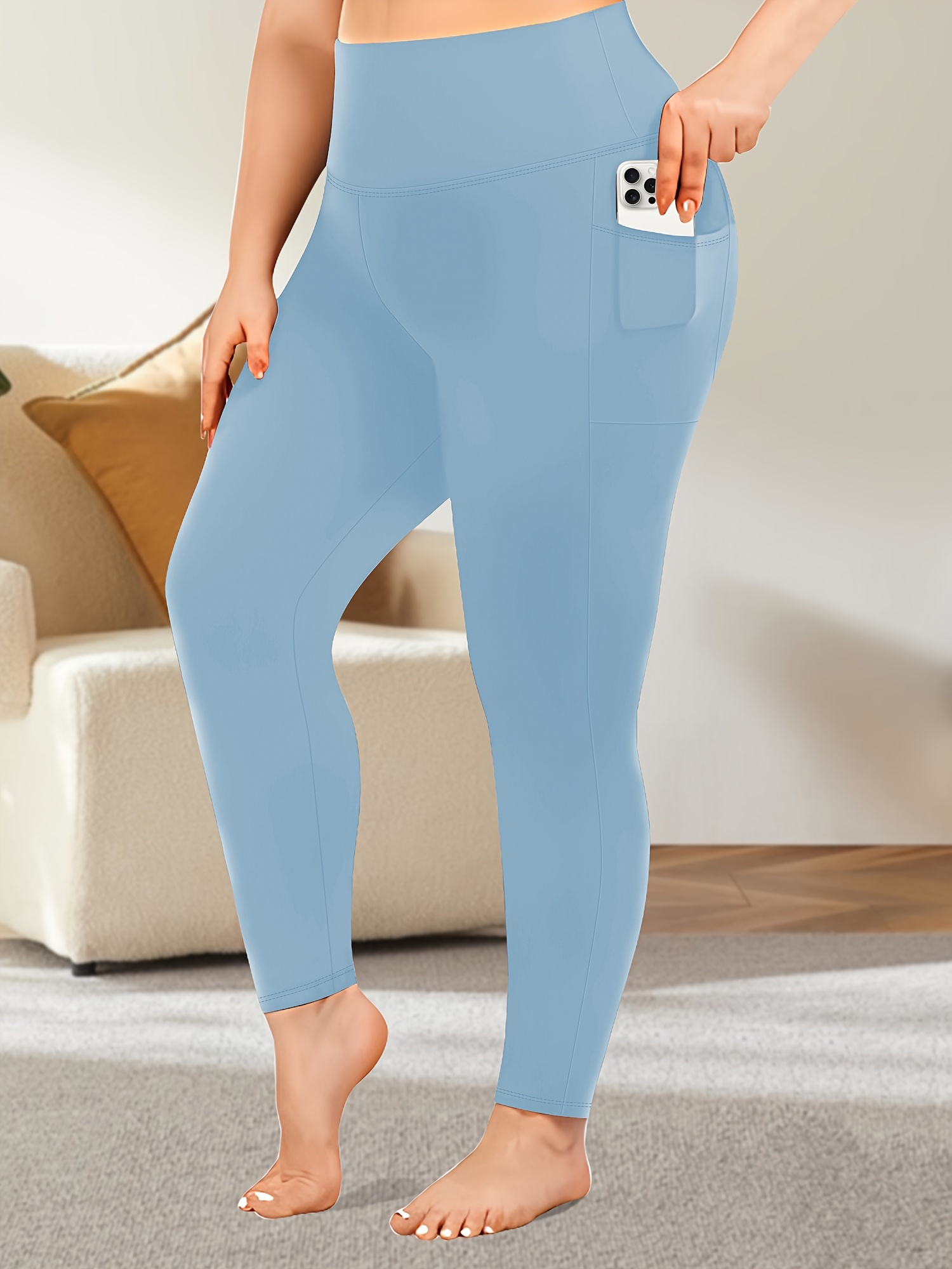 Plus Size High Waist Yoga Pants with Side Pockets - 88% Polyester 12% Elastane Stretchy Tummy Control Leggings, Sculpting Workout Gym Activewear for Women, All-Season Comfort (Machine Washable)
