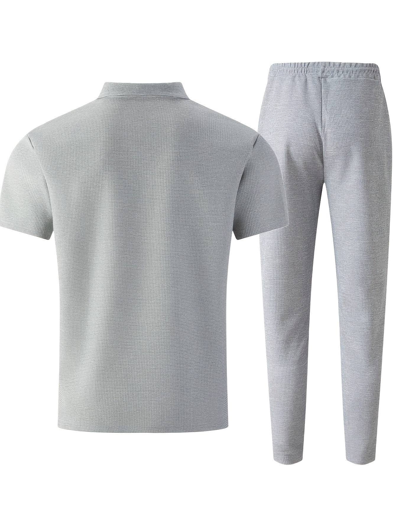 Men's Waffle Knit Casual Double-Pocket Short-Sleeve Shirt with Athletic Long Pants Set